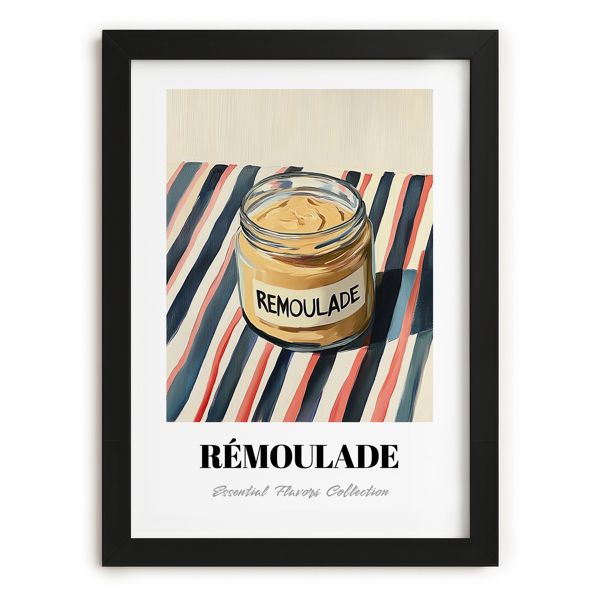 Remoulade – on Striped Tablecloth, Shelf Stock Painting, in sleek black frame