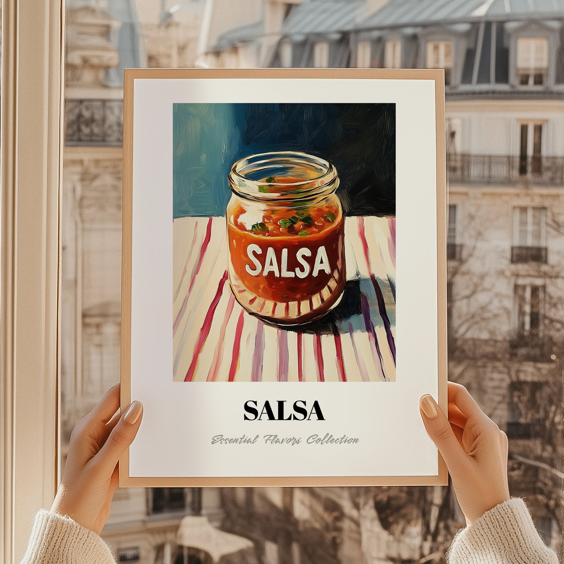Salsa – on Striped Tablecloth, Shelf Stock Illustration, styled in a charming Paris street view