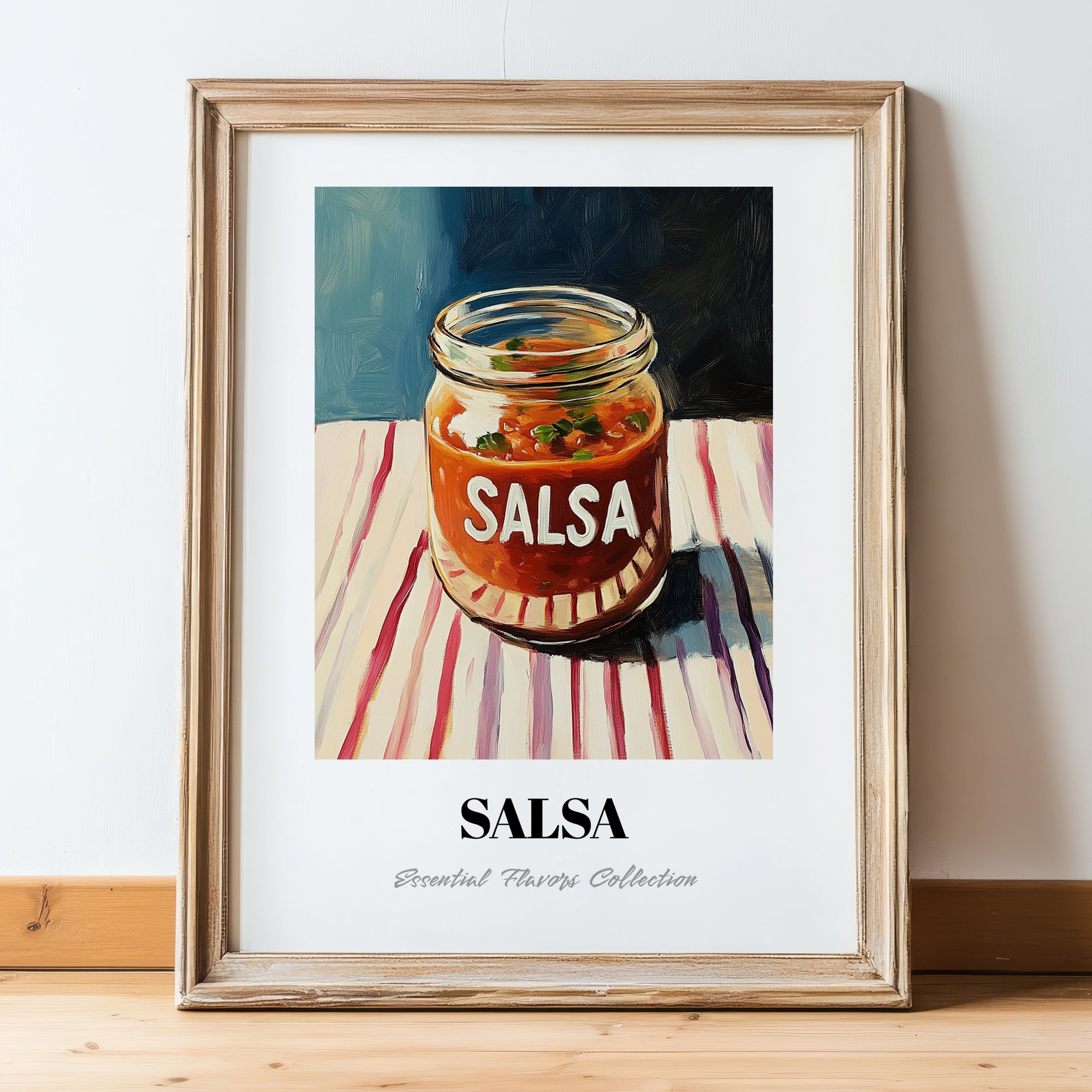 Salsa – on Striped Tablecloth, Shelf Stock Illustration, in wooden frame leaning on the floor