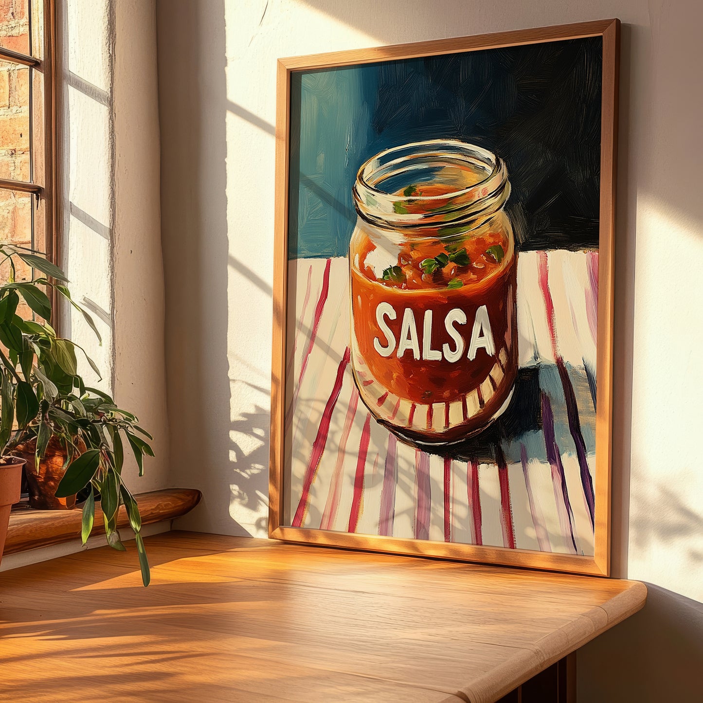 Salsa – on Striped Tablecloth, Shelf Stock Illustration, clean layout with no caption