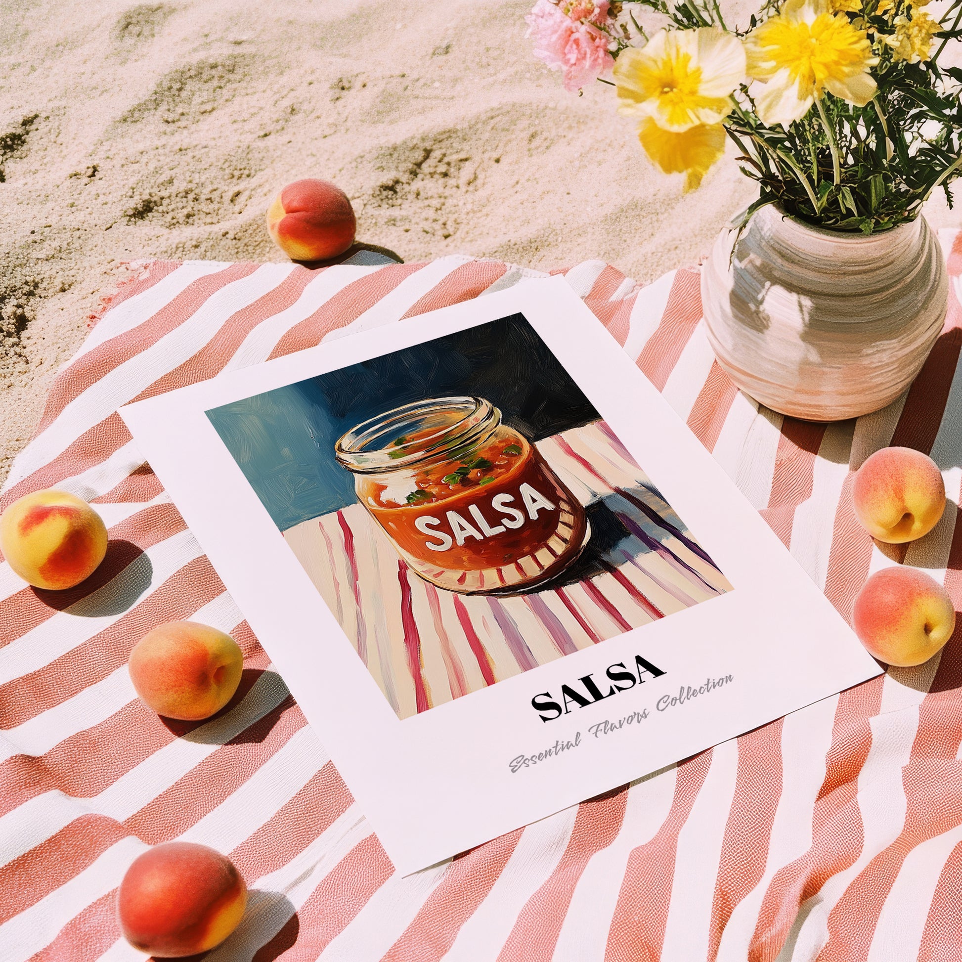 Salsa – on Striped Tablecloth, Shelf Stock Illustration, unframed on coastal sand