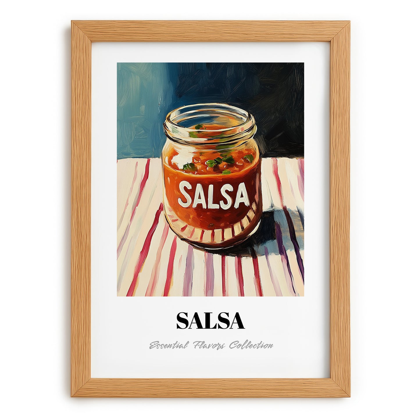 Salsa – on Striped Tablecloth, Shelf Stock Illustration, set in oak frame