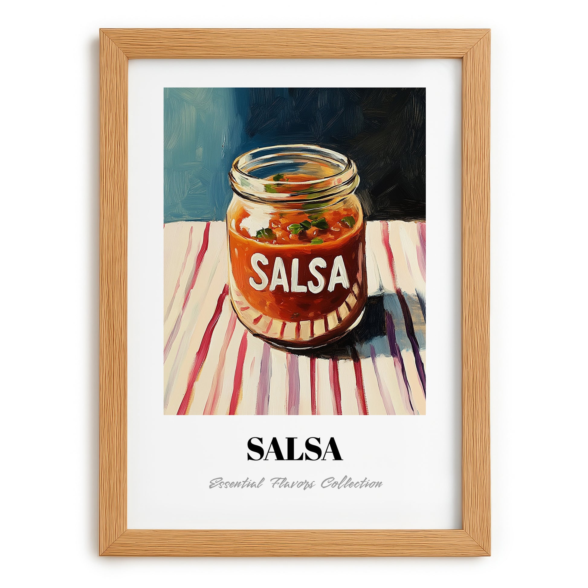 Salsa – on Striped Tablecloth, Shelf Stock Illustration, set in oak frame