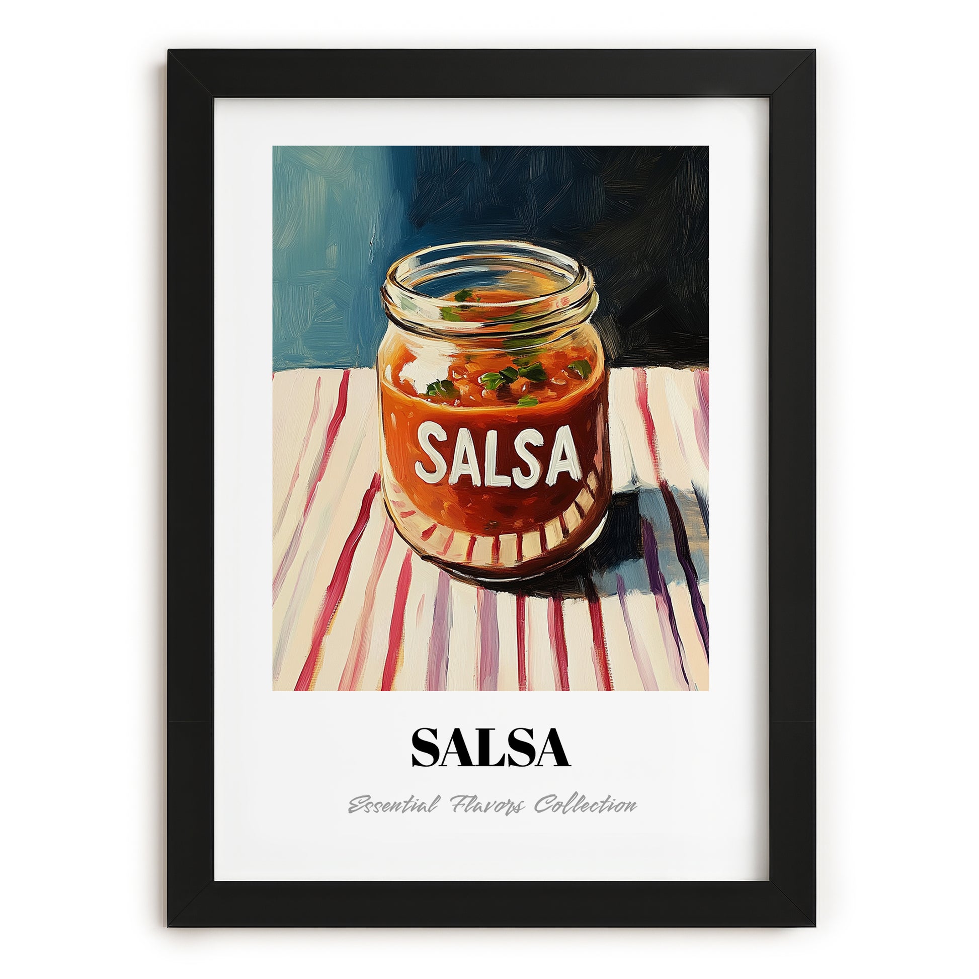 Salsa – on Striped Tablecloth, Shelf Stock Illustration, in sleek black frame