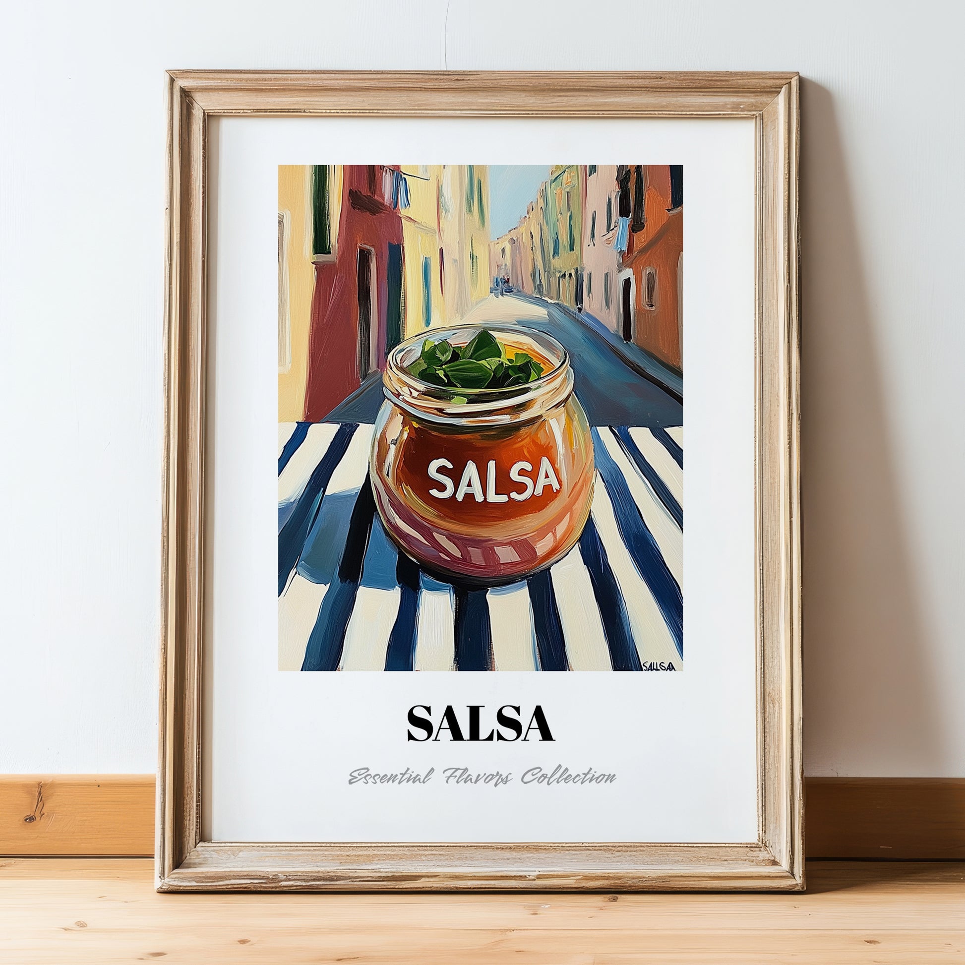 Salsa – Italian Outdoor Café Scene, Larder Still Life, in wooden frame leaning on the floor