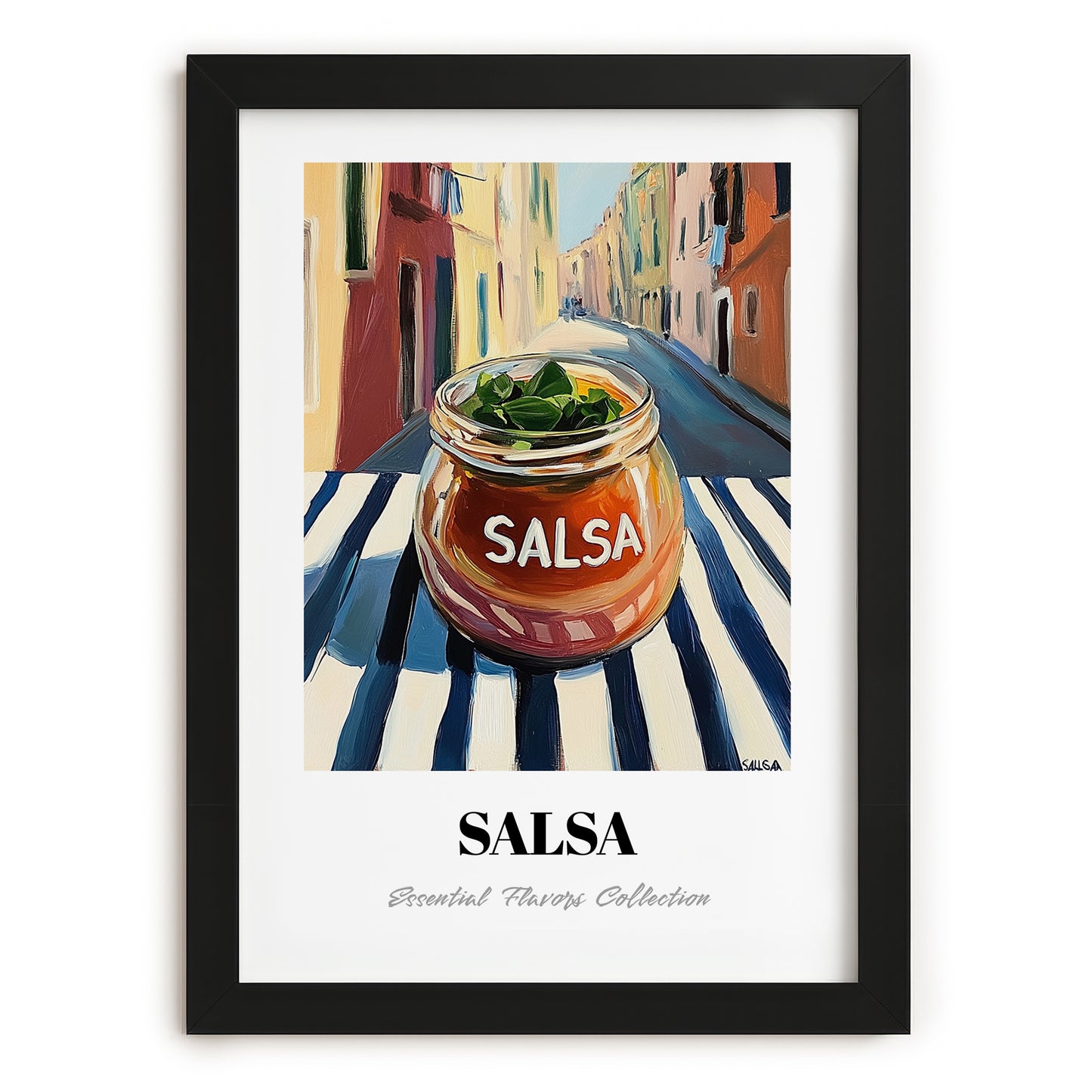 Salsa – Italian Outdoor Café Scene, Larder Still Life, in sleek black frame