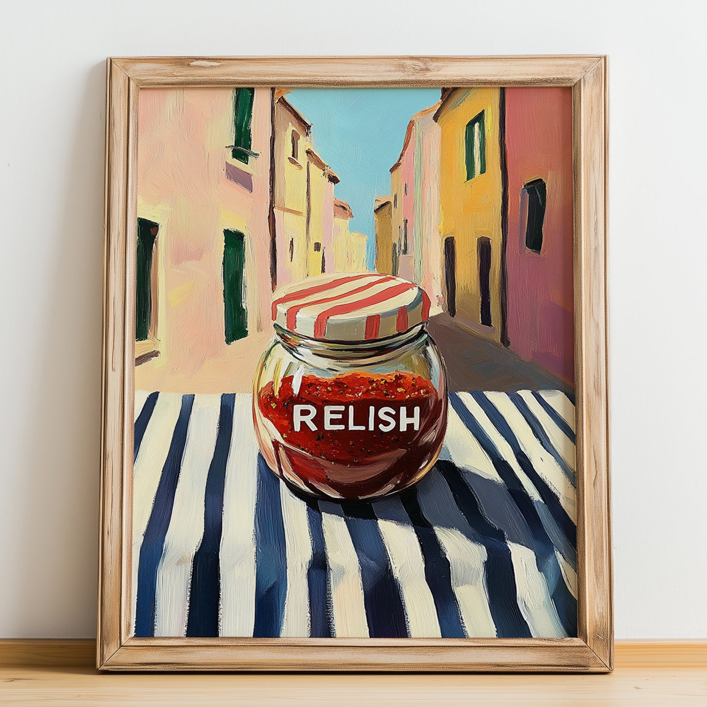 Relish – Italian Outdoor Café Scene, Grocery Still Life, no-text version framed in wood