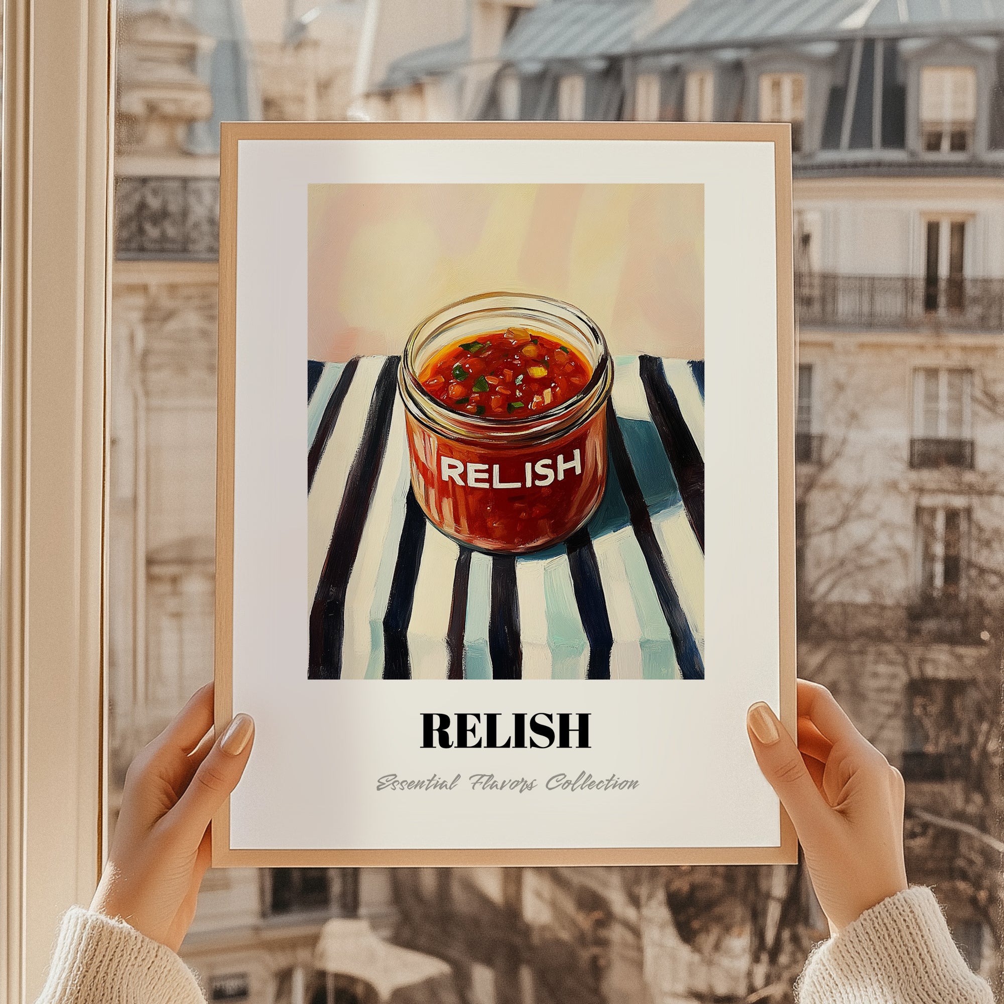Relish – on Striped Tablecloth, Dry Goods Illustration, styled in a charming Paris street view