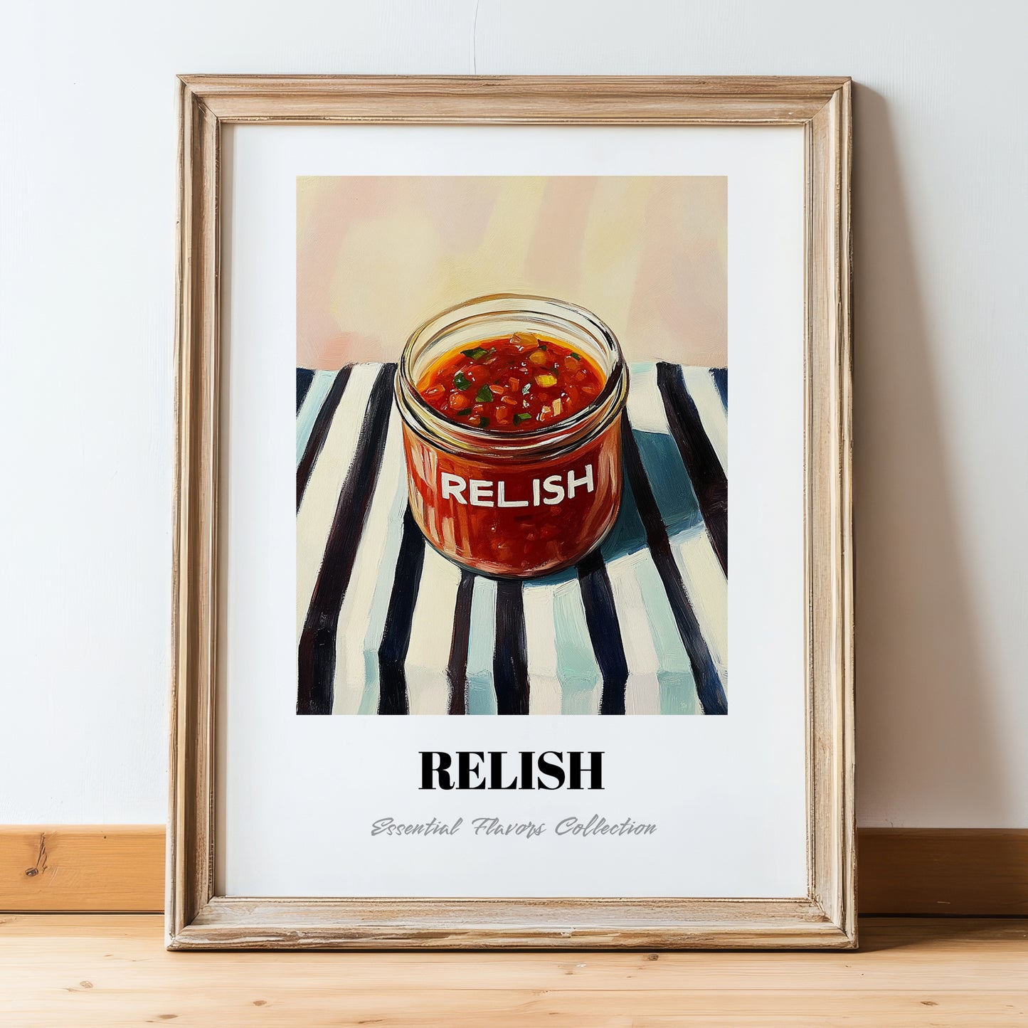 Relish – on Striped Tablecloth, Dry Goods Illustration, in wooden frame leaning on the floor