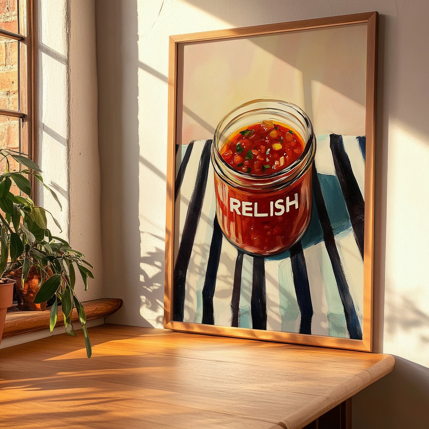Relish – on Striped Tablecloth, Dry Goods Illustration, clean layout with no caption
