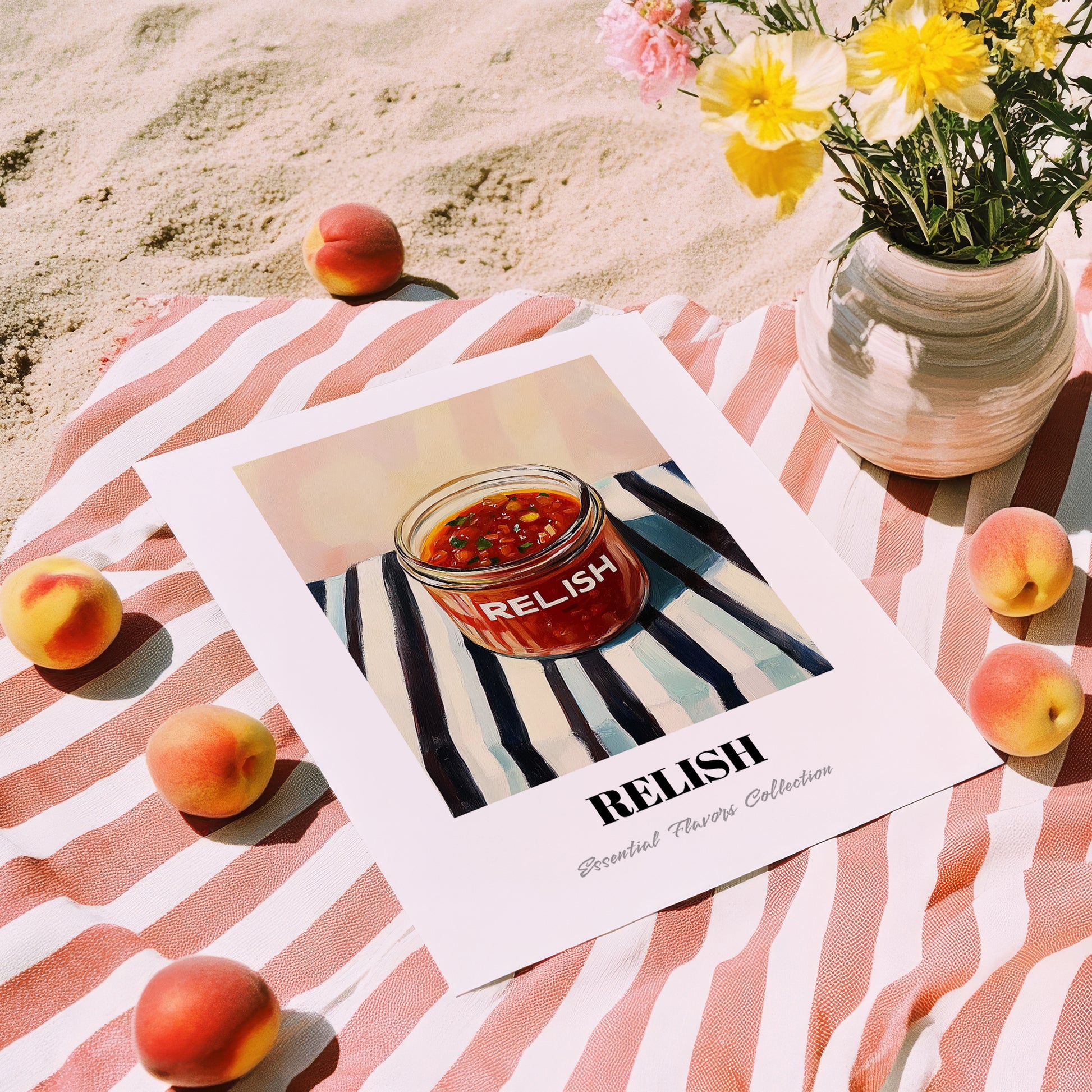 Relish – on Striped Tablecloth, Dry Goods Illustration, unframed on coastal sand