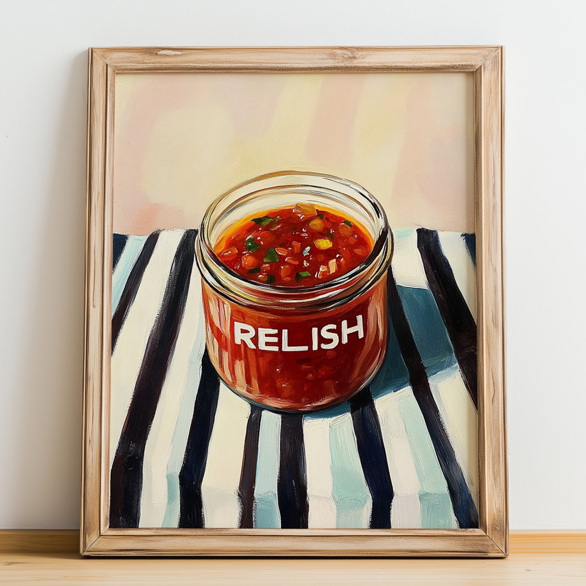 Relish – on Striped Tablecloth, Dry Goods Illustration, no-text version framed in wood