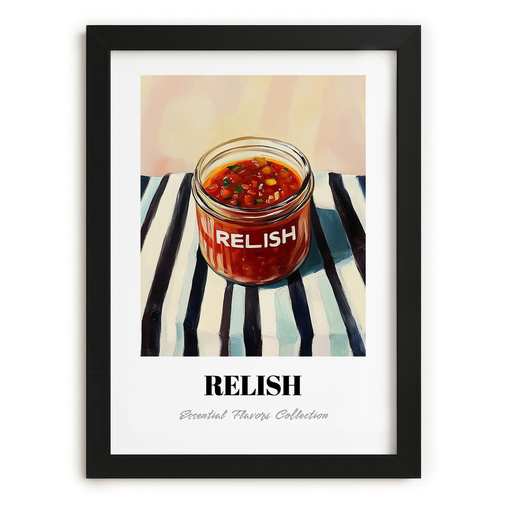 Relish – on Striped Tablecloth, Dry Goods Illustration, in sleek black frame