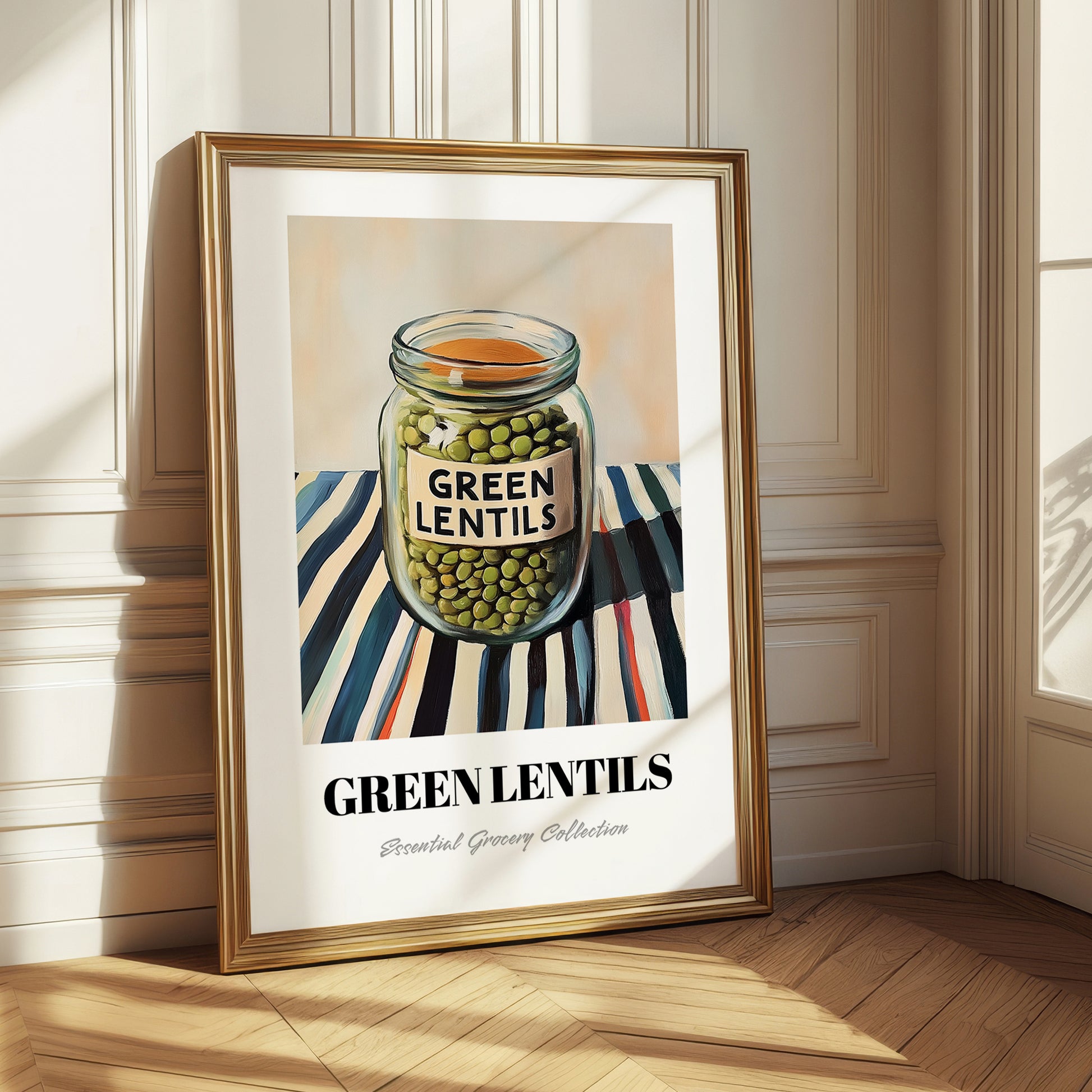 Green Lentils – on Striped Tablecloth, Pantry Wall Decor