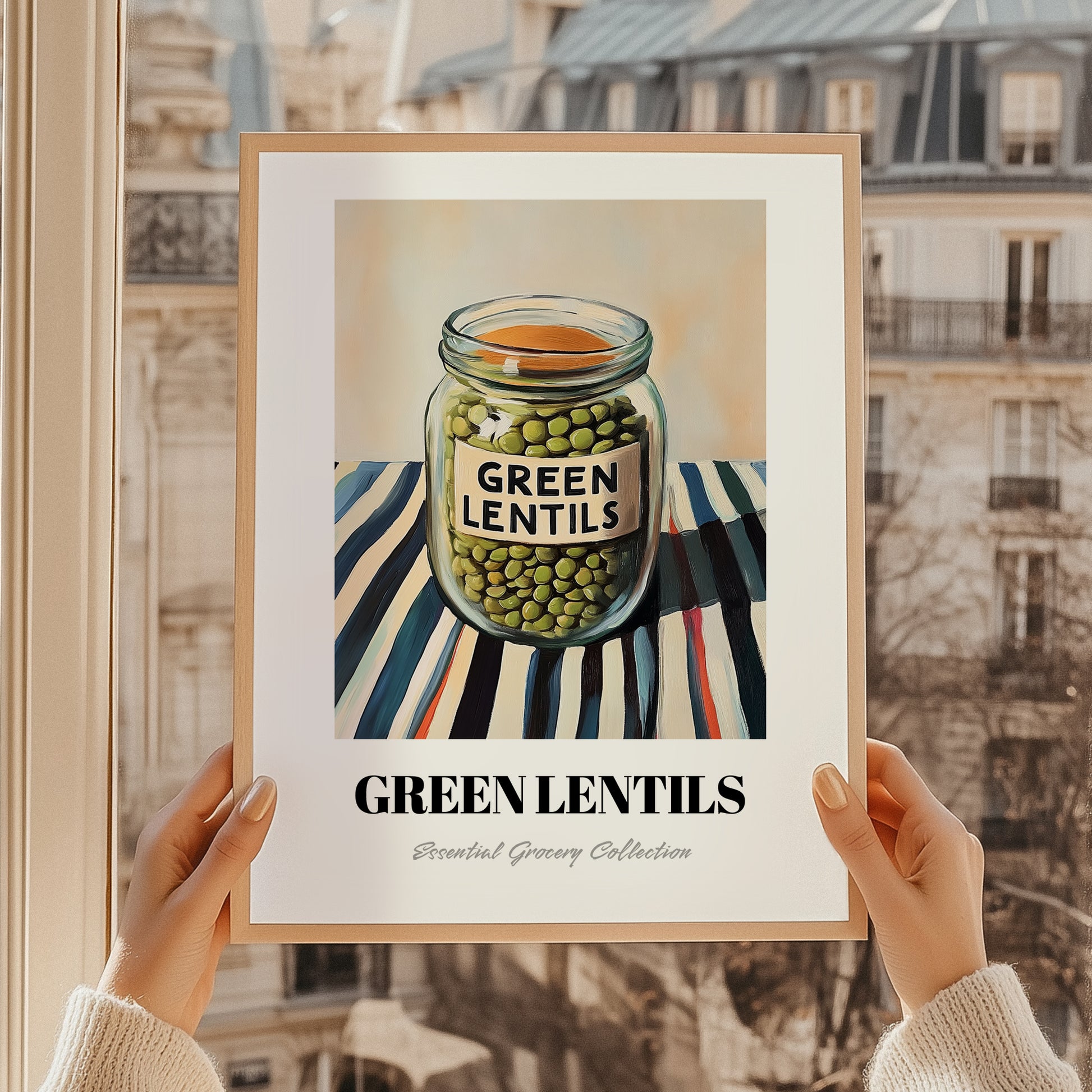 Green Lentils – on Striped Tablecloth, Pantry Wall Decor, styled in a charming Paris street view
