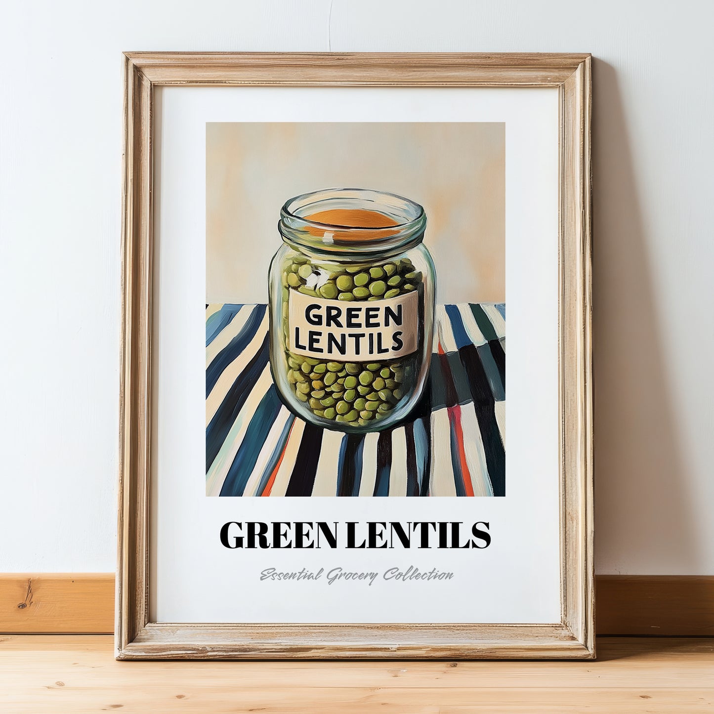 Green Lentils – on Striped Tablecloth, Pantry Wall Decor, in wooden frame leaning on the floor