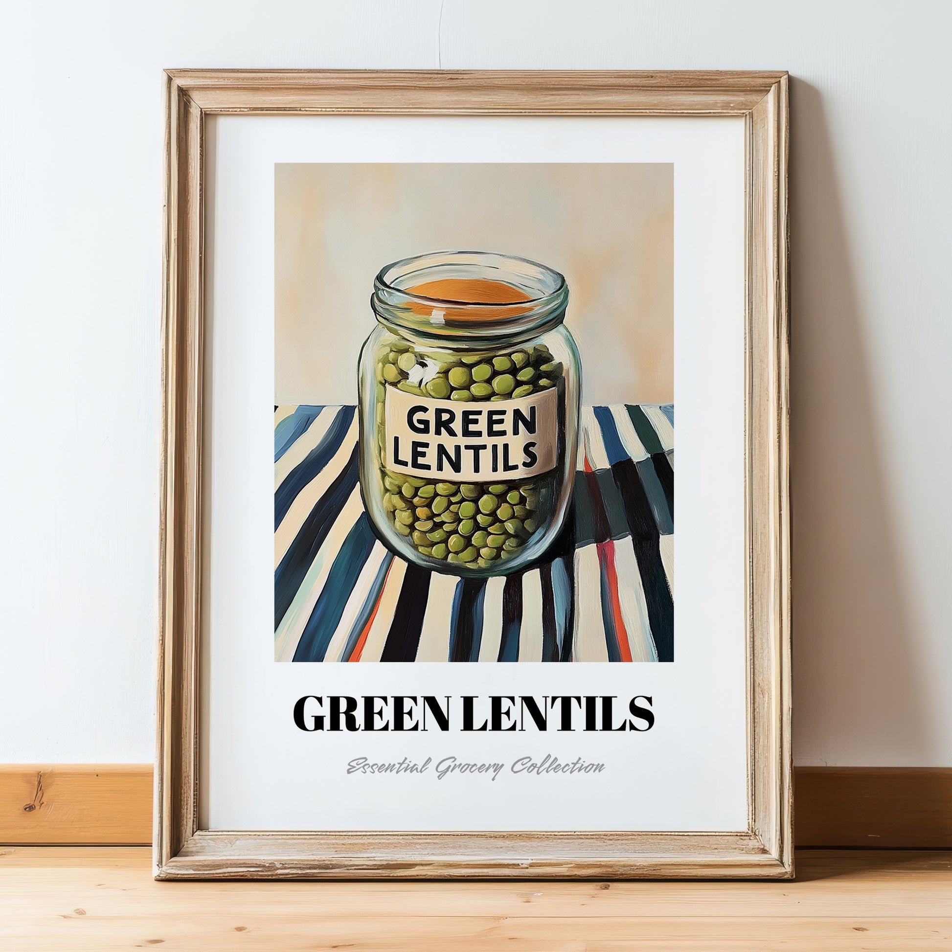 Green Lentils – on Striped Tablecloth, Pantry Wall Decor, in wooden frame leaning on the floor