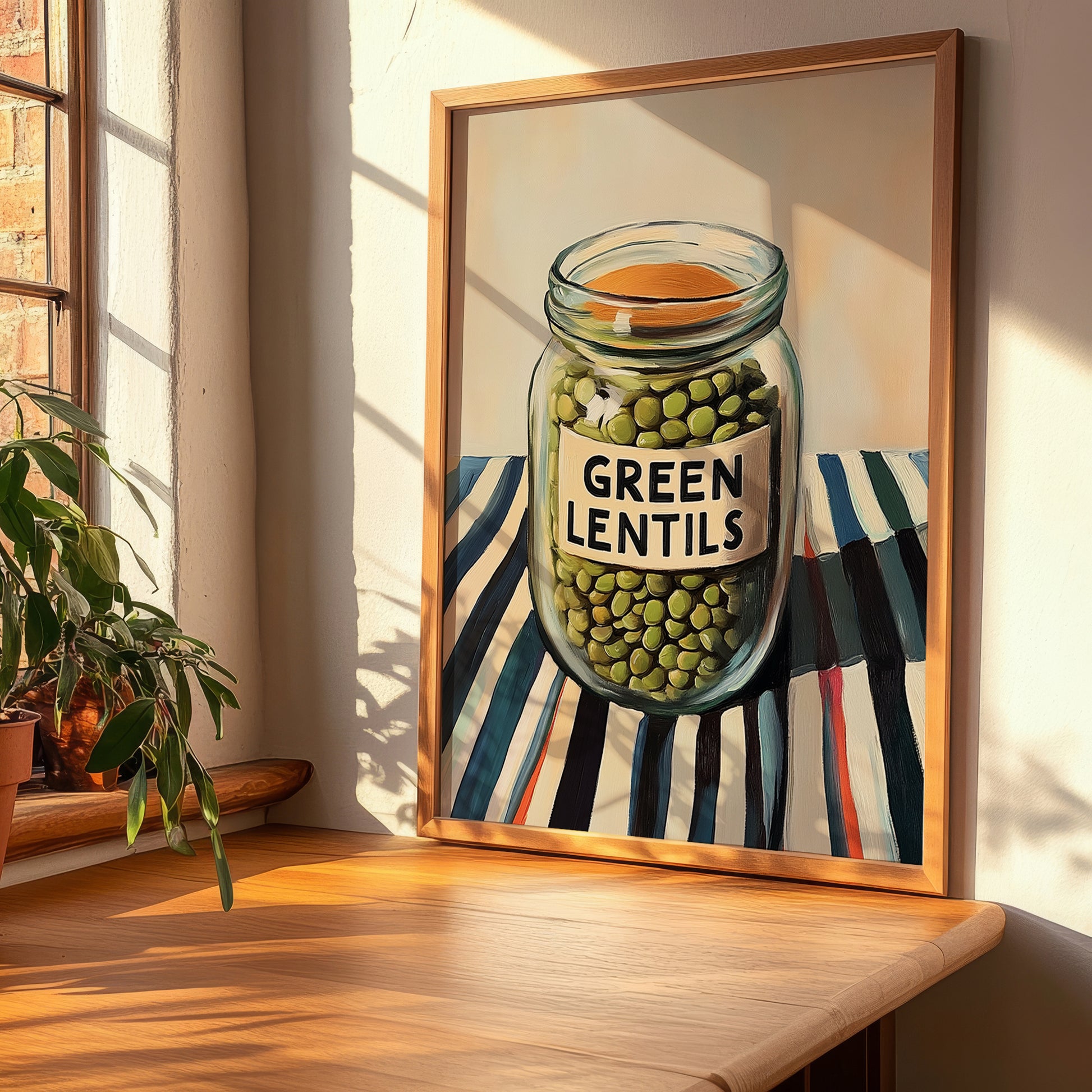 Green Lentils – on Striped Tablecloth, Pantry Wall Decor, clean layout with no caption