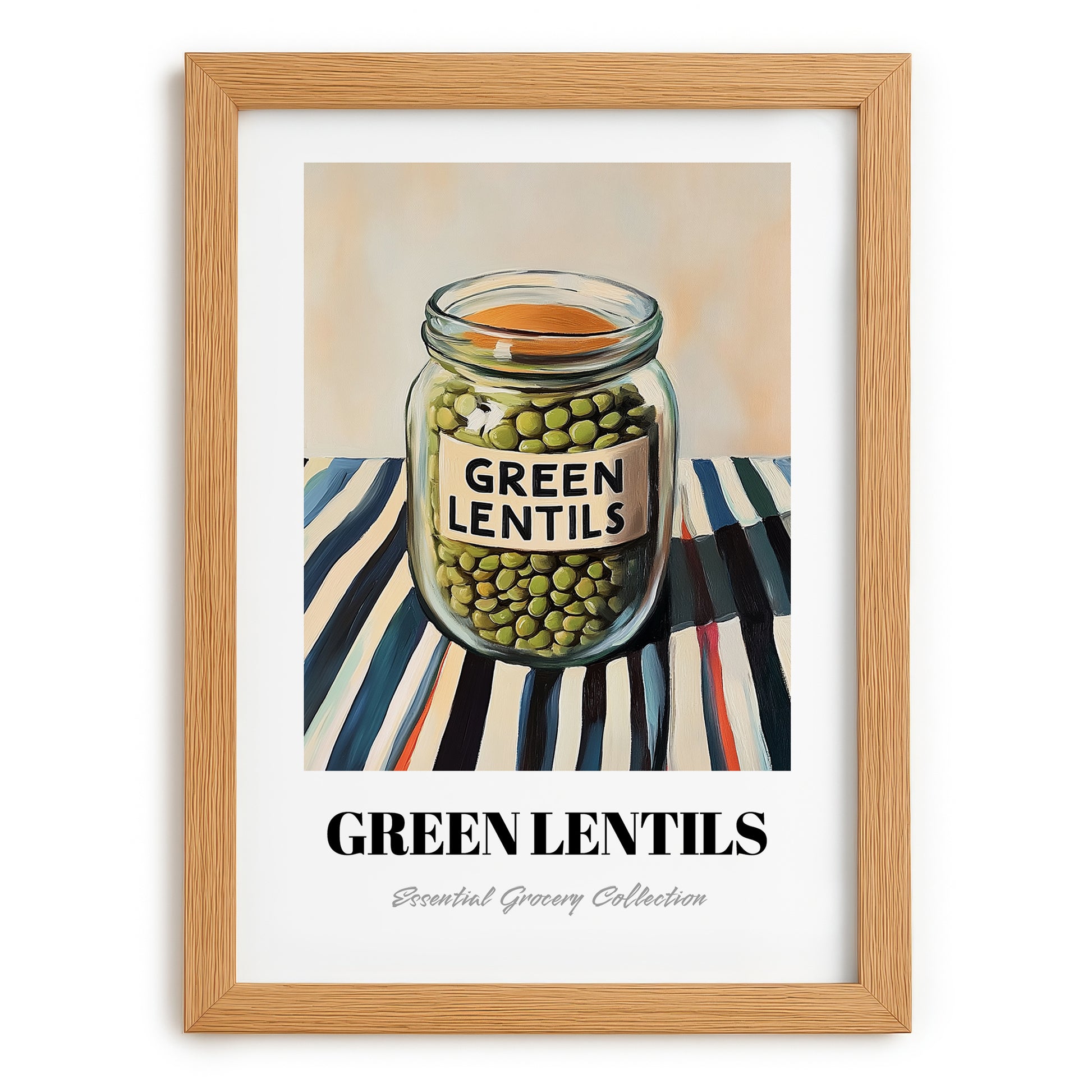 Green Lentils – on Striped Tablecloth, Pantry Wall Decor, set in oak frame