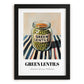 Green Lentils – on Striped Tablecloth, Pantry Wall Decor, in sleek black frame