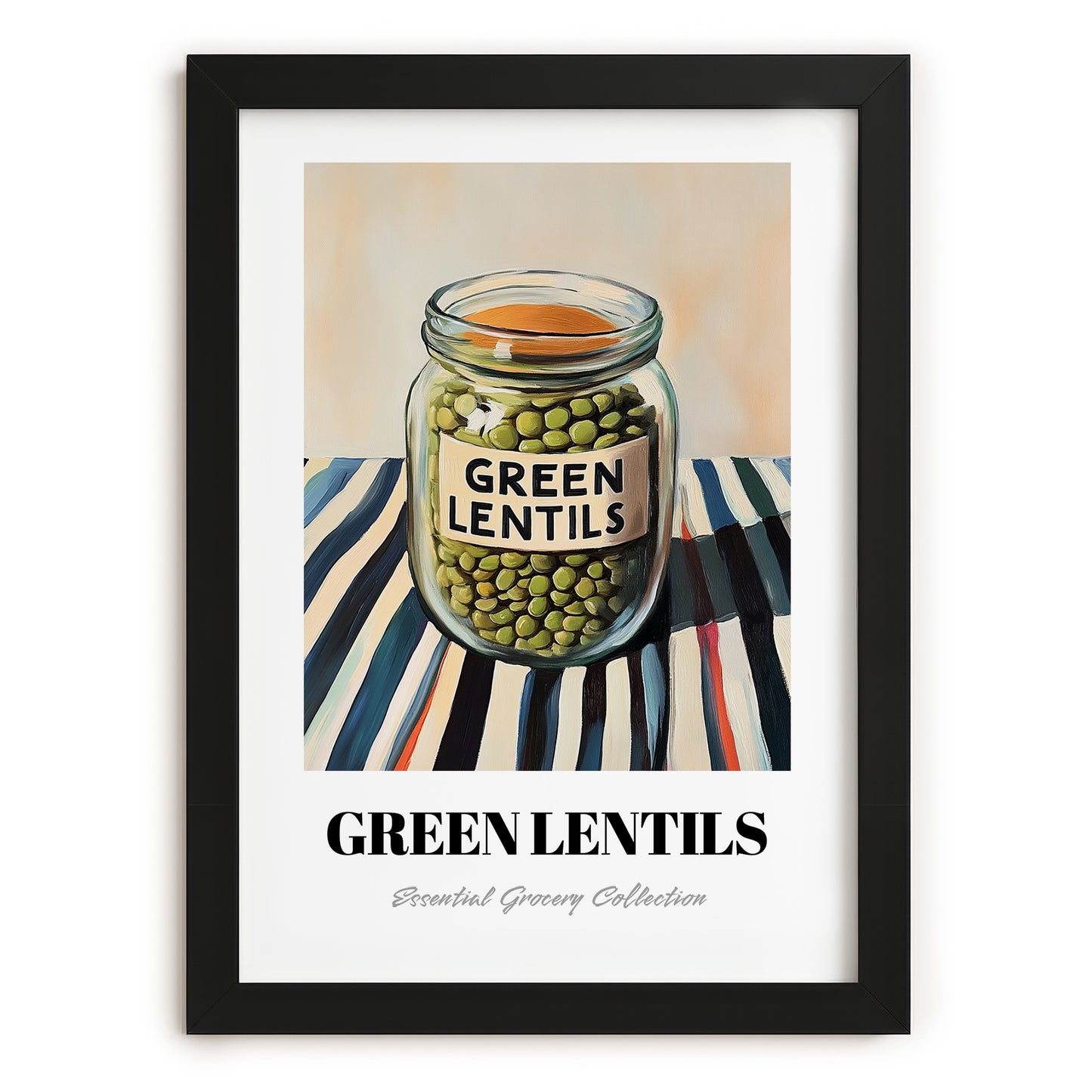 Green Lentils – on Striped Tablecloth, Pantry Wall Decor, in sleek black frame