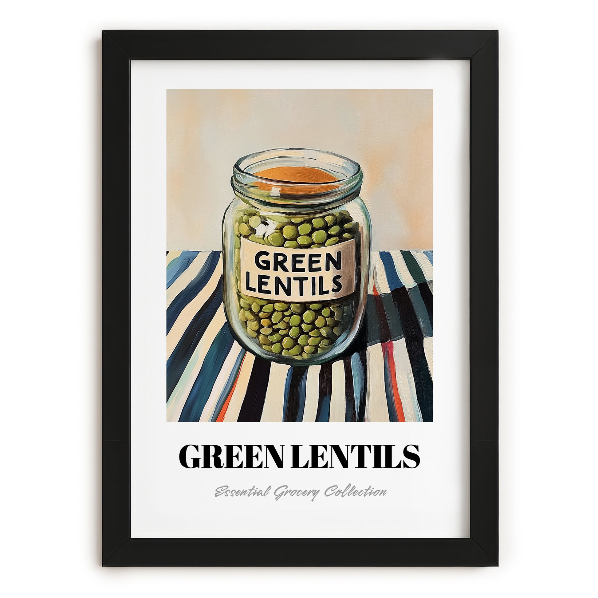 Green Lentils – on Striped Tablecloth, Pantry Wall Decor, in sleek black frame