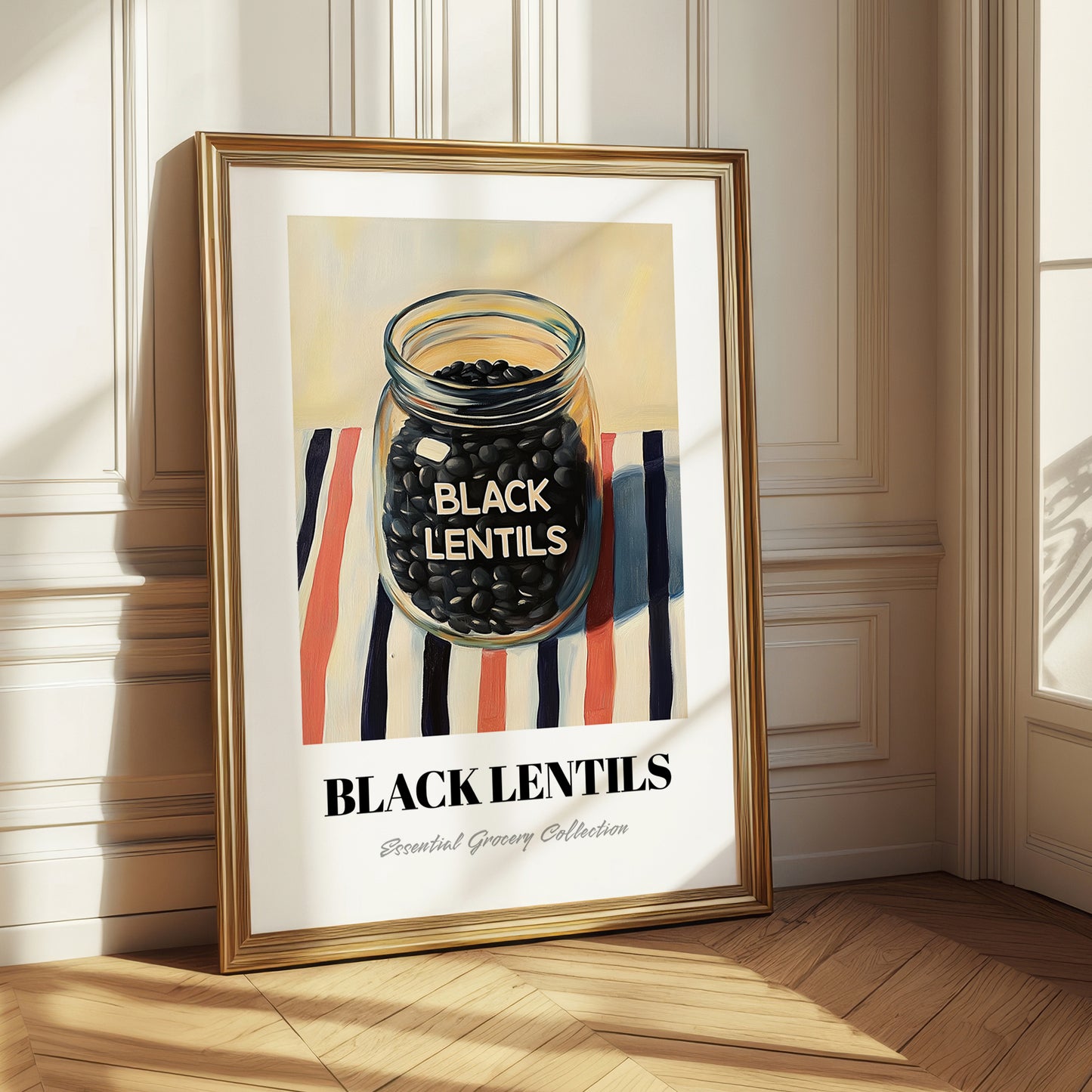 Black Lentils – on Striped Tablecloth, Food Stash Illustration