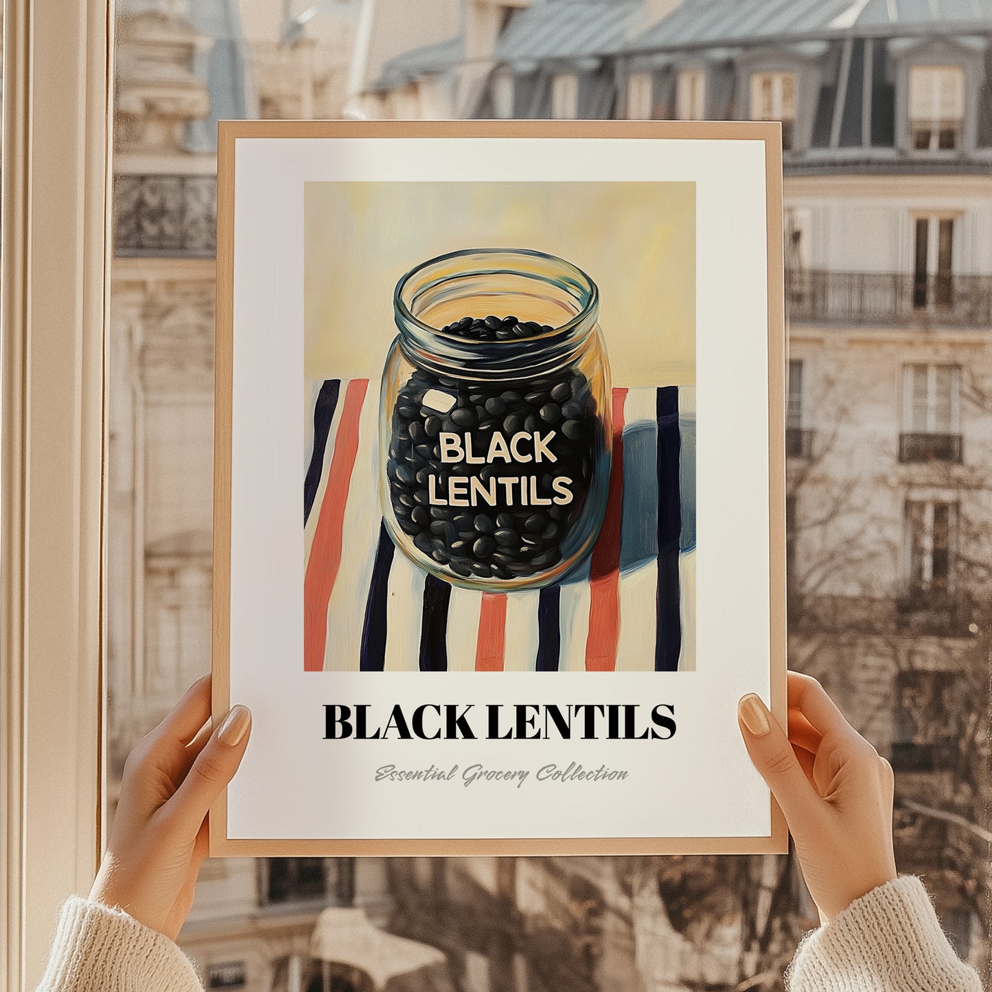 Black Lentils – on Striped Tablecloth, Food Stash Illustration, styled in a charming Paris street view