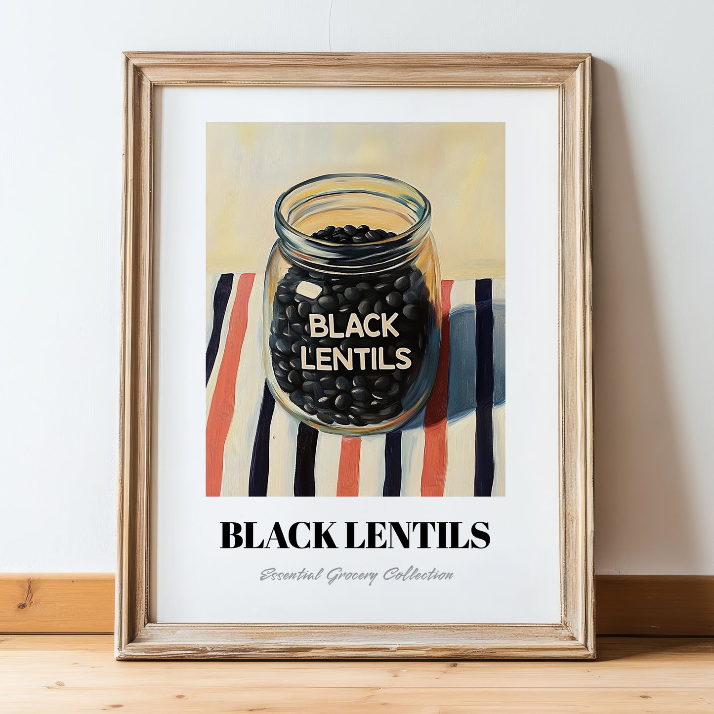 Black Lentils – on Striped Tablecloth, Food Stash Illustration, in wooden frame leaning on the floor