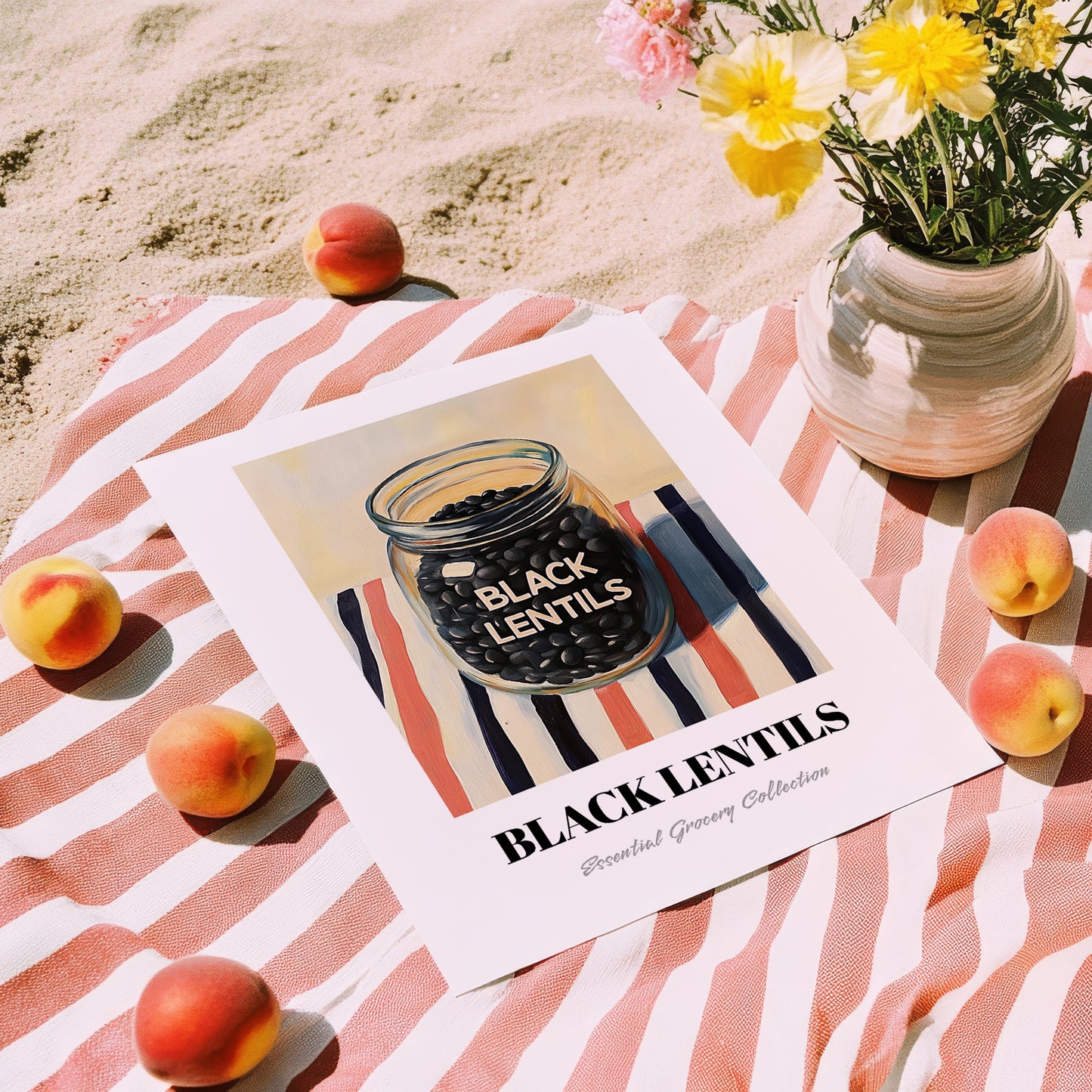 Black Lentils – on Striped Tablecloth, Food Stash Illustration, unframed on coastal sand