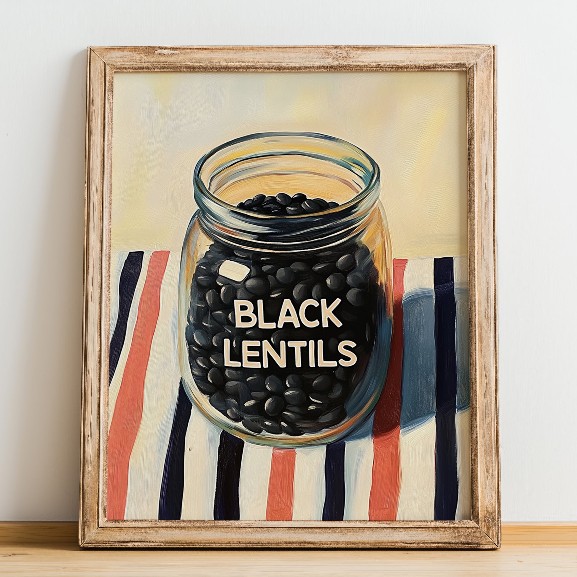 Black Lentils – on Striped Tablecloth, Food Stash Illustration, no-text version framed in wood
