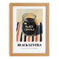 Black Lentils – on Striped Tablecloth, Food Stash Illustration, set in oak frame