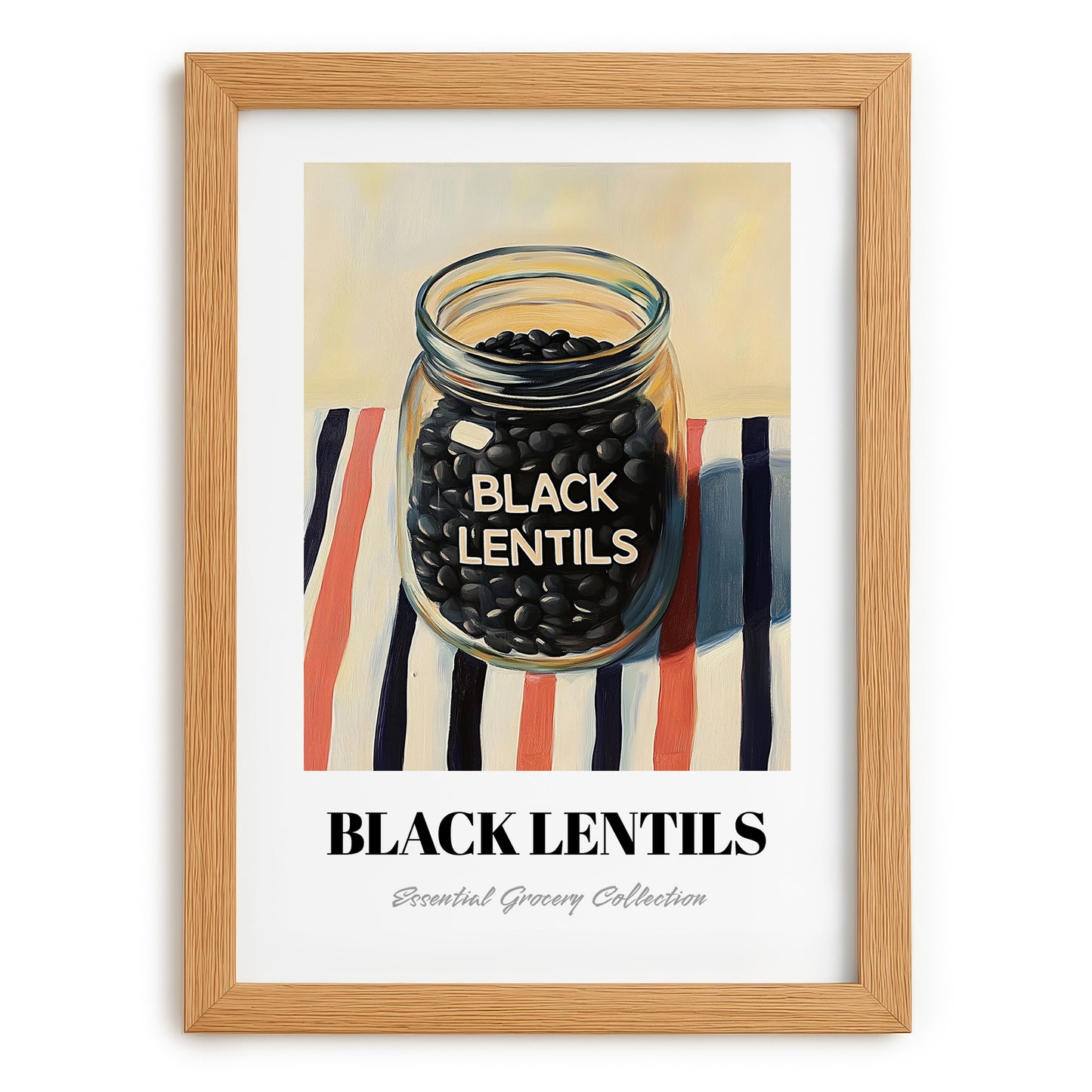 Black Lentils – on Striped Tablecloth, Food Stash Illustration, set in oak frame
