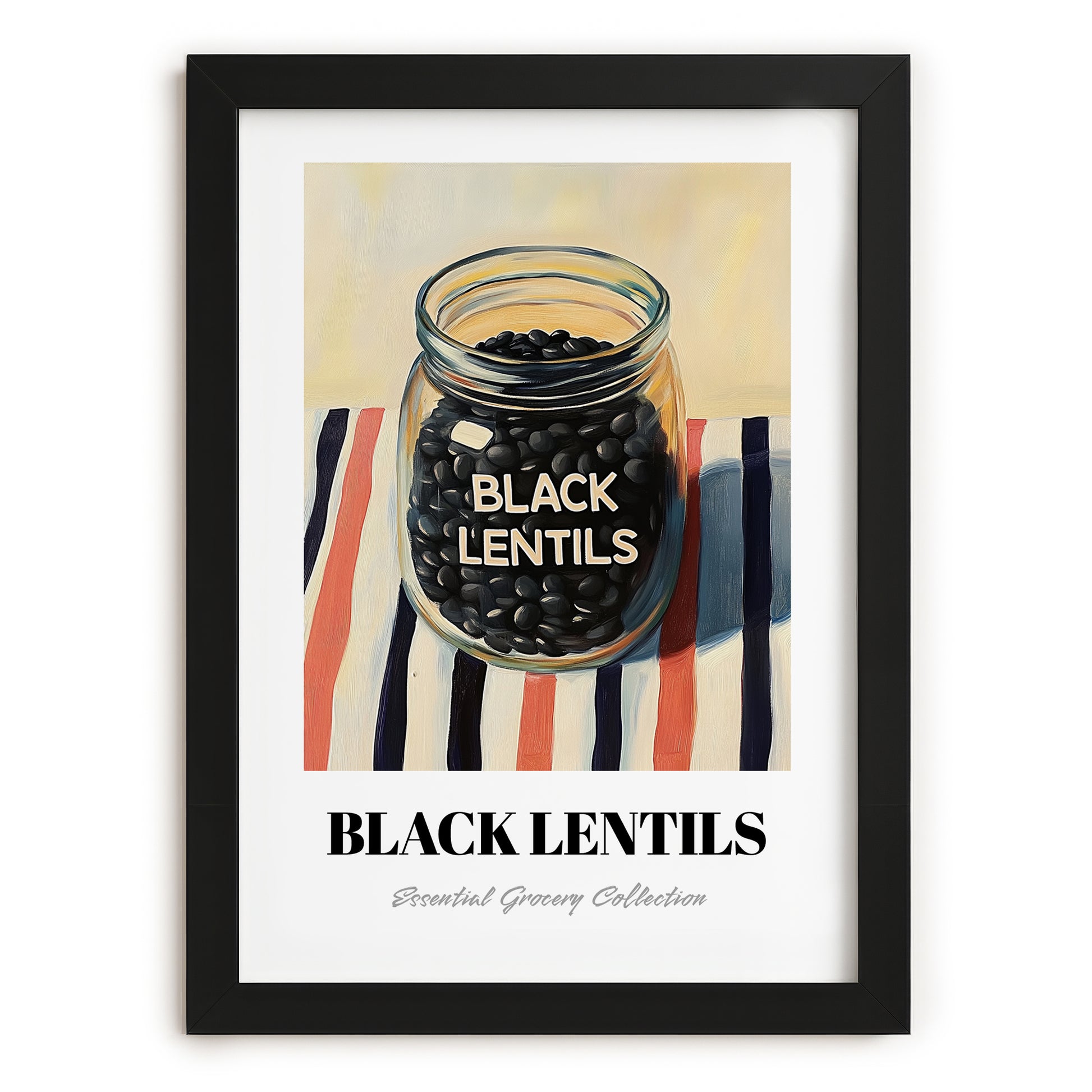 Black Lentils – on Striped Tablecloth, Food Stash Illustration, in sleek black frame