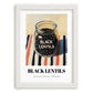 Black Lentils – on Striped Tablecloth, Food Stash Illustration, placed in minimal white frame