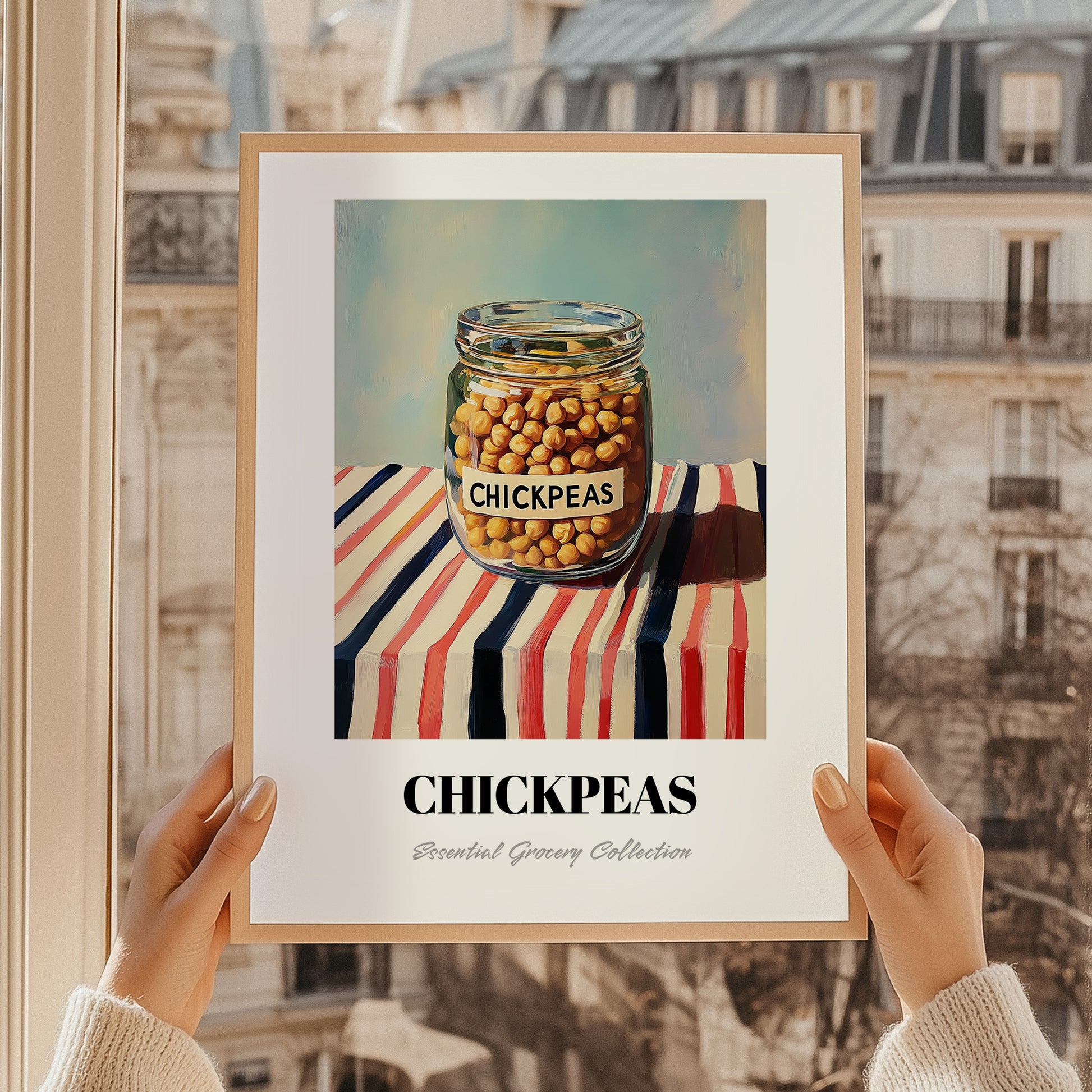Chickpeas – on Striped Tablecloth, Pantry Illustration, styled in a charming Paris street view