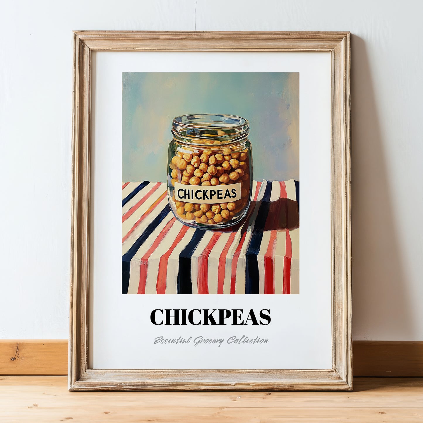 Chickpeas – on Striped Tablecloth, Pantry Illustration, in wooden frame leaning on the floor