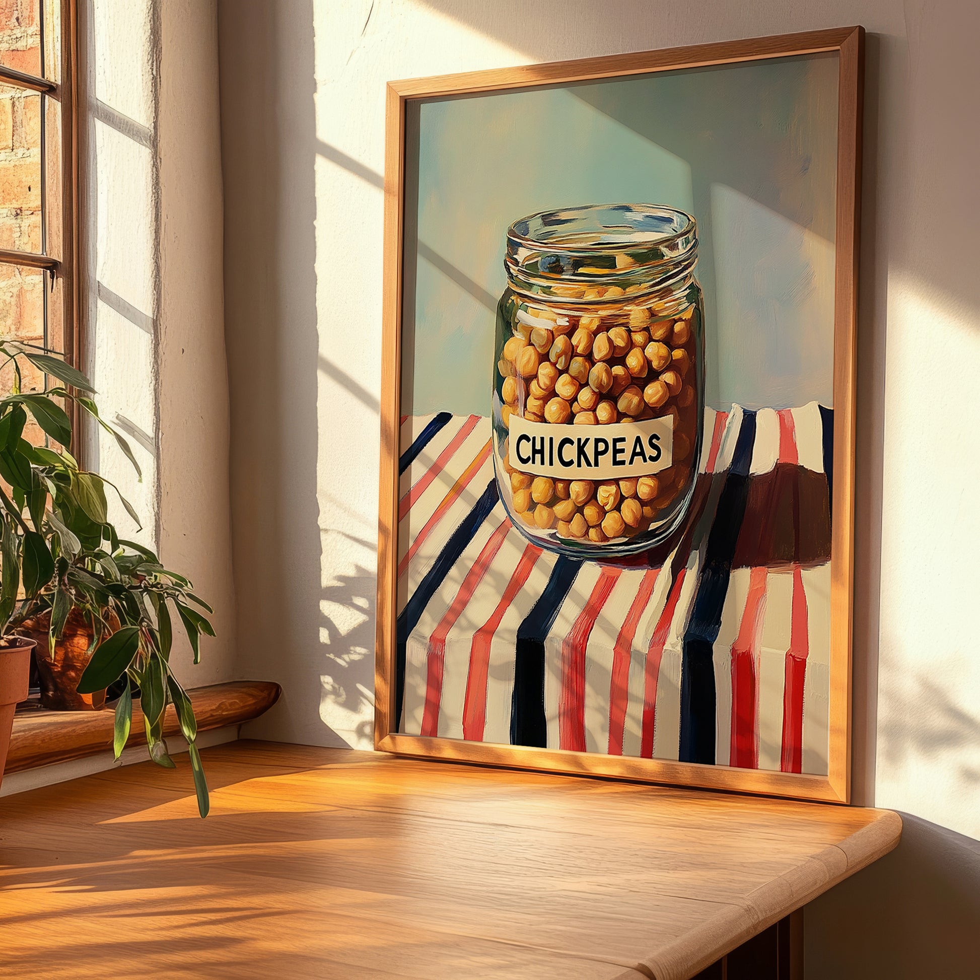 Chickpeas – on Striped Tablecloth, Pantry Illustration, clean layout with no caption