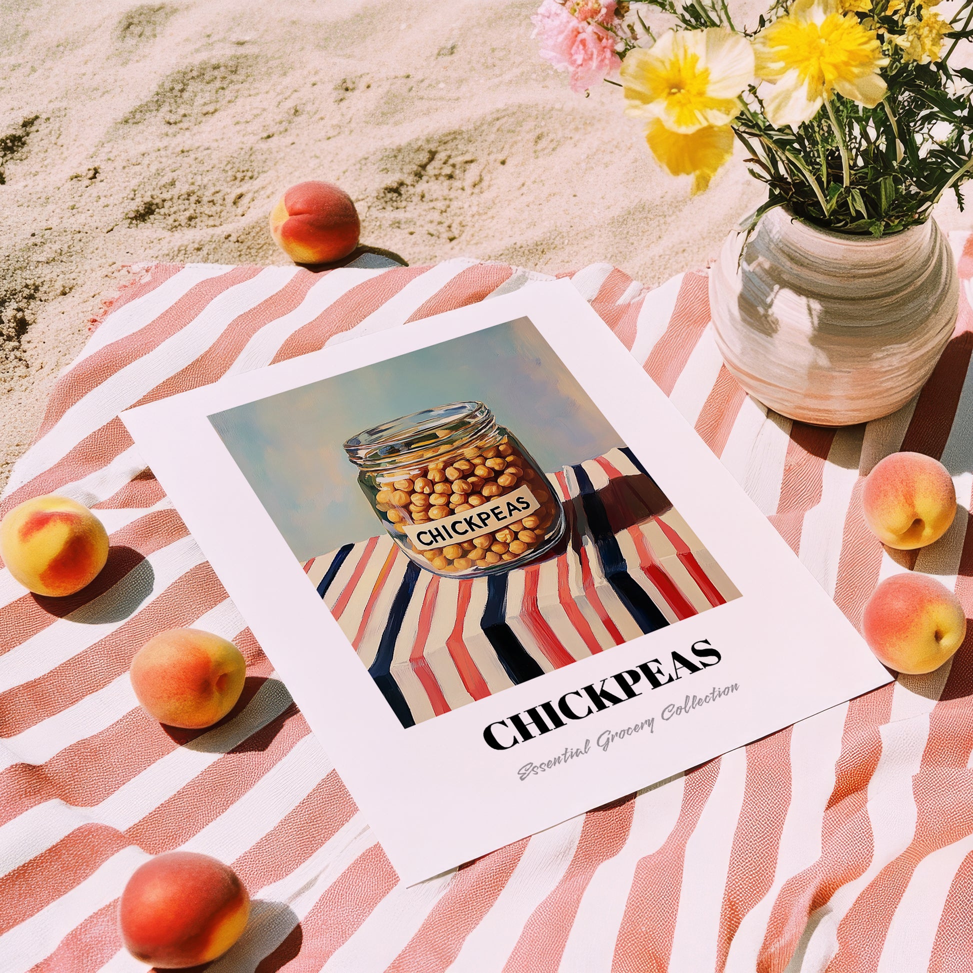 Chickpeas – on Striped Tablecloth, Pantry Illustration, unframed on coastal sand