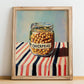 Chickpeas – on Striped Tablecloth, Pantry Illustration, no-text version framed in wood