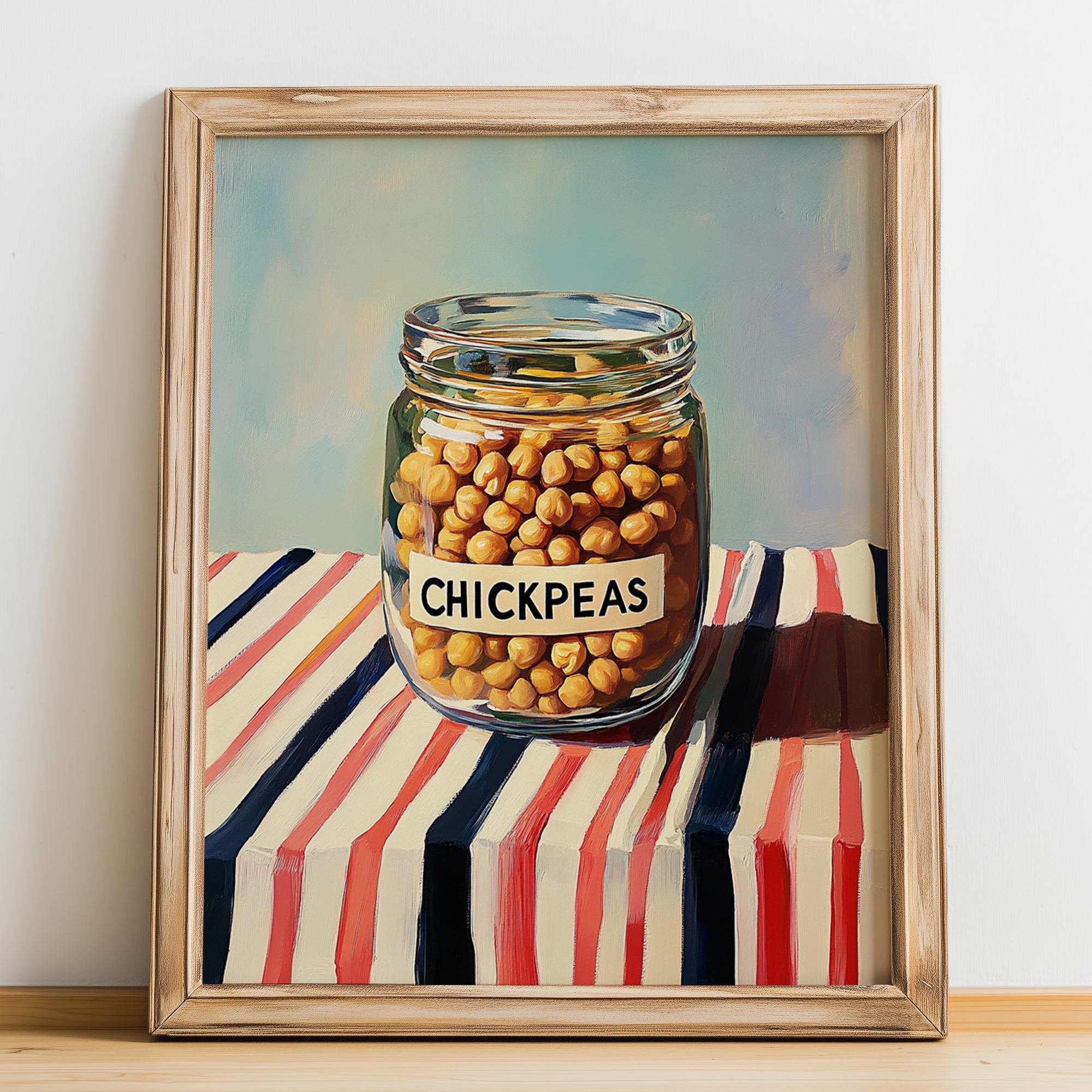 Chickpeas – on Striped Tablecloth, Pantry Illustration, no-text version framed in wood