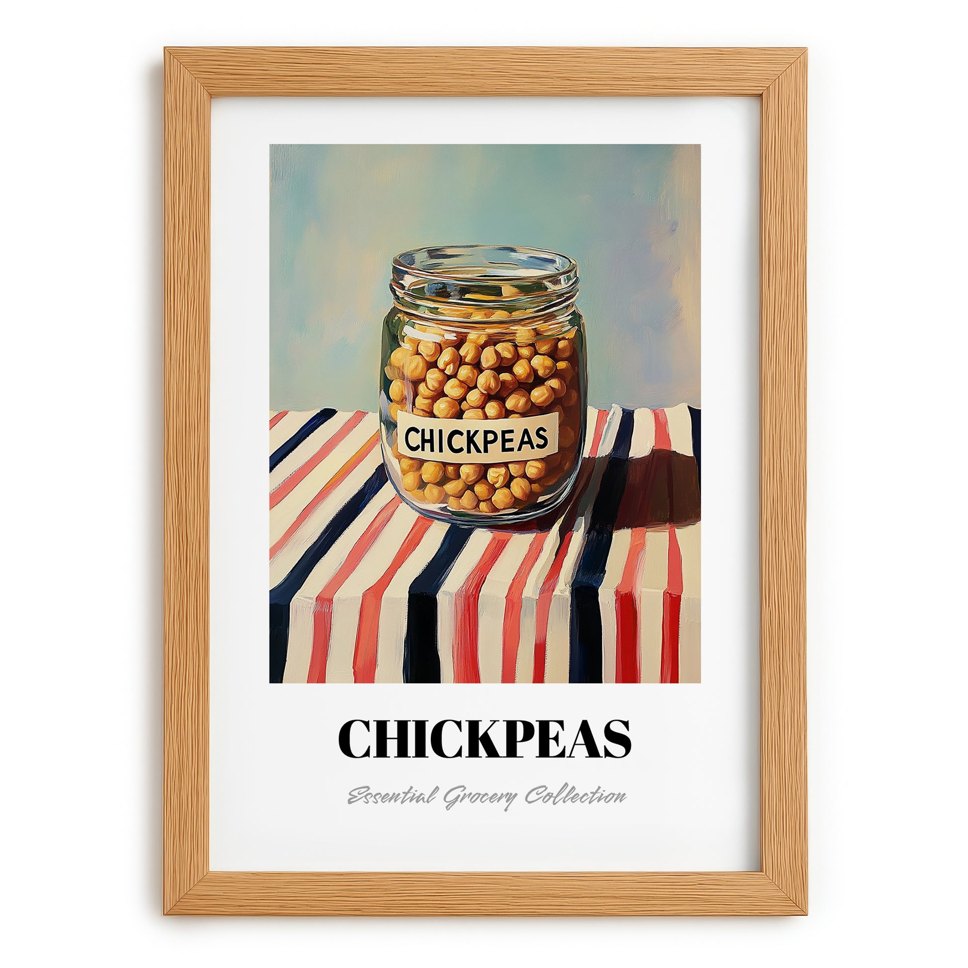 Chickpeas – on Striped Tablecloth, Pantry Illustration, set in oak frame