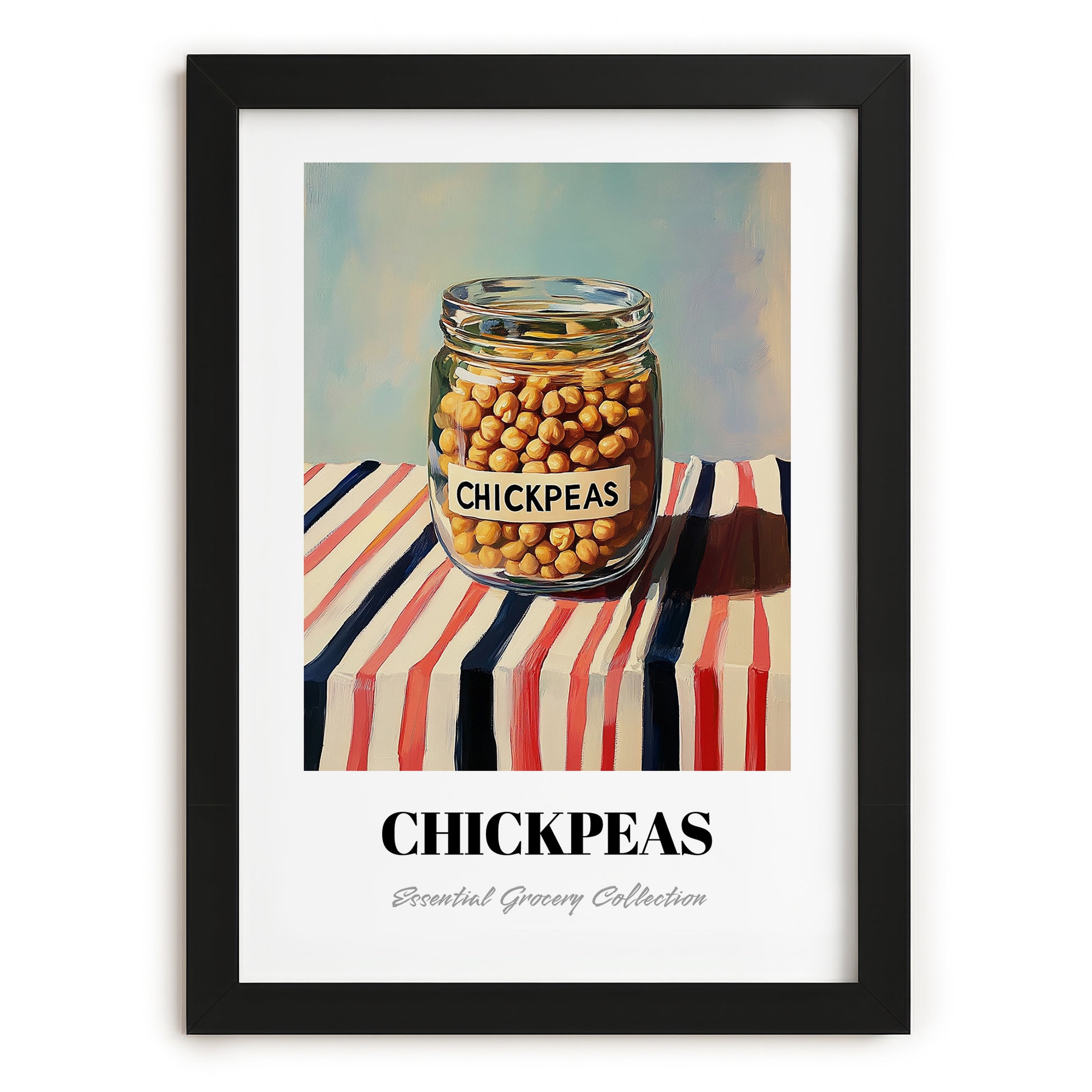 Chickpeas – on Striped Tablecloth, Pantry Illustration, in sleek black frame
