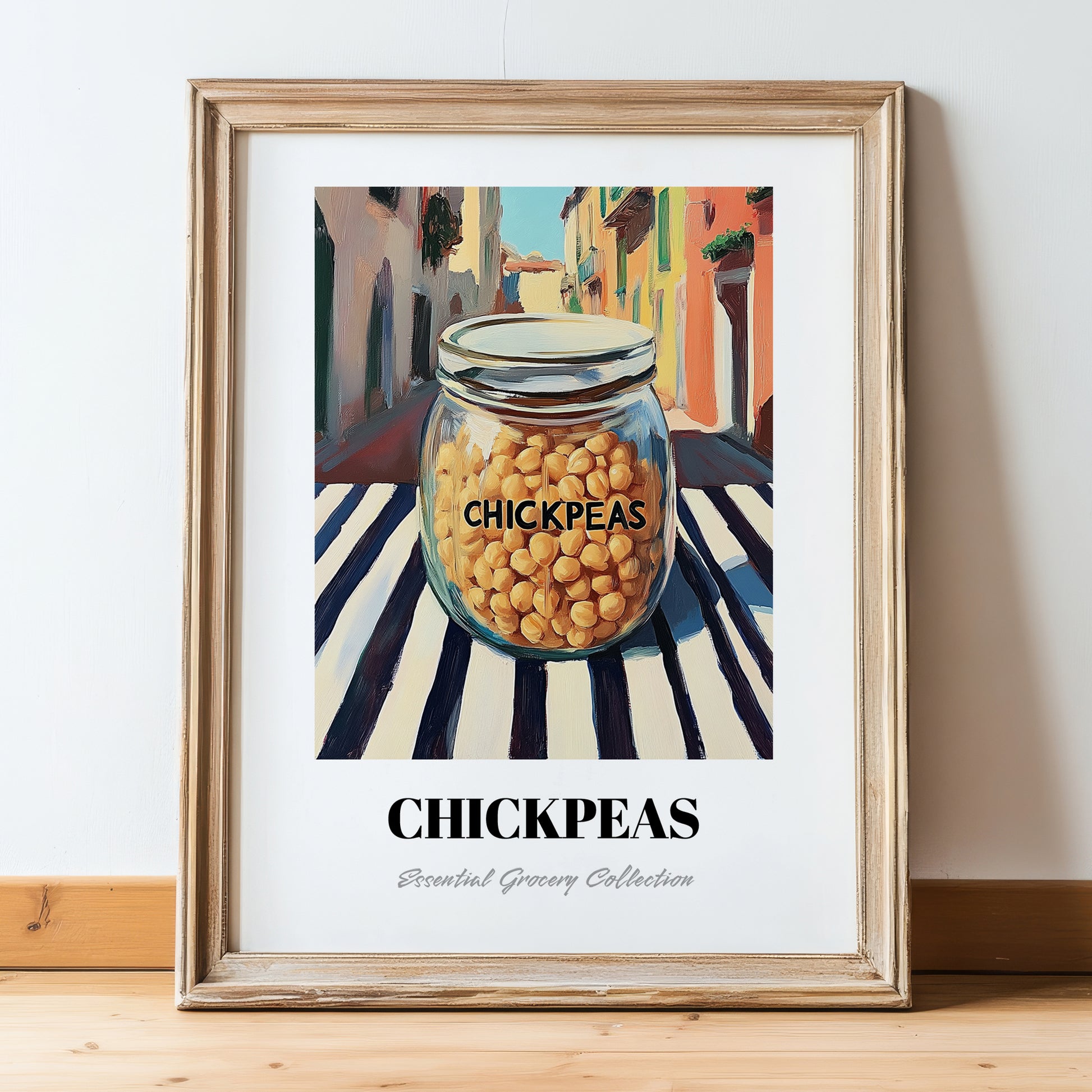 Chickpeas – Italian Outdoor Café Scene, Food Shelf Art, in wooden frame leaning on the floor