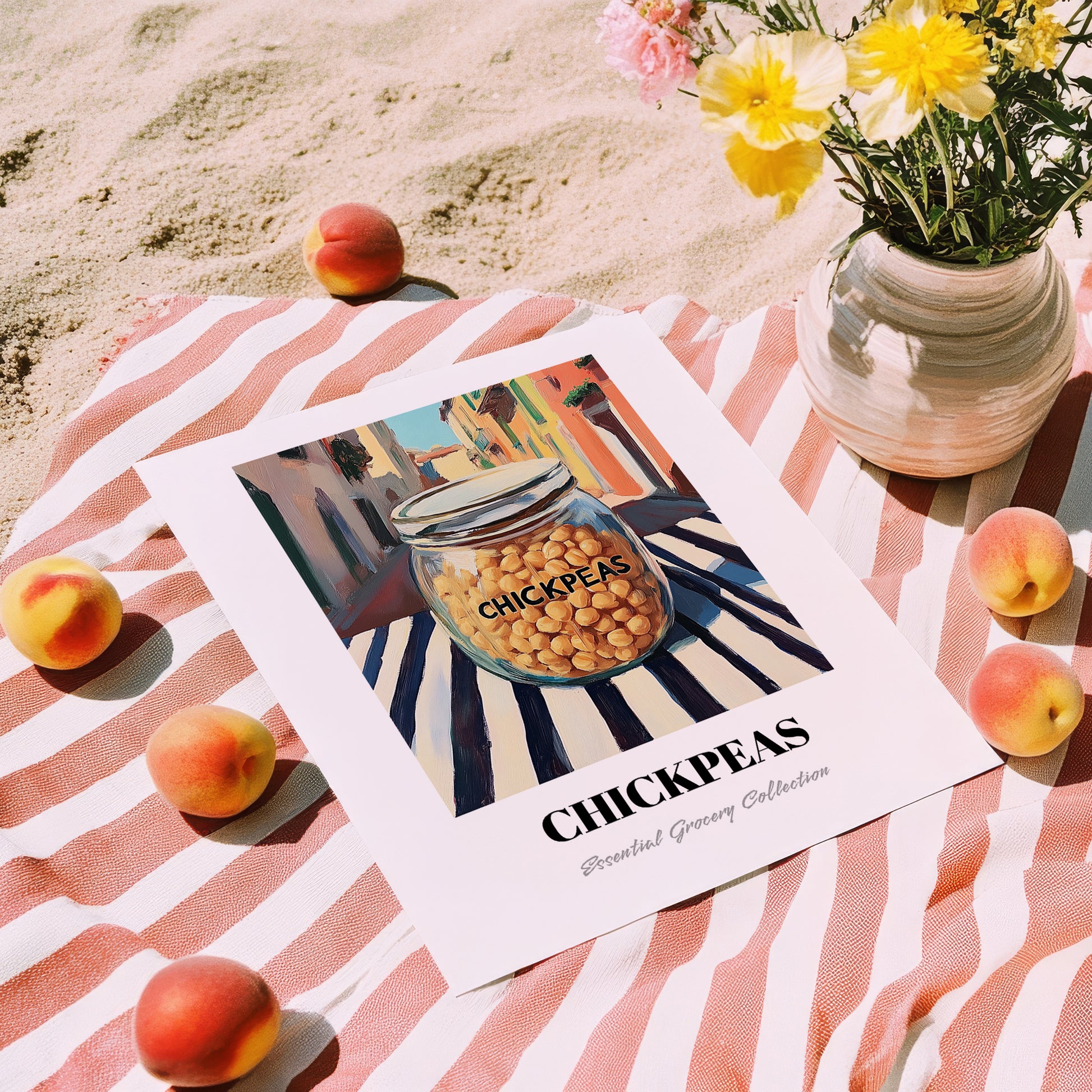 Chickpeas – Italian Outdoor Café Scene, Food Shelf Art, unframed on coastal sand