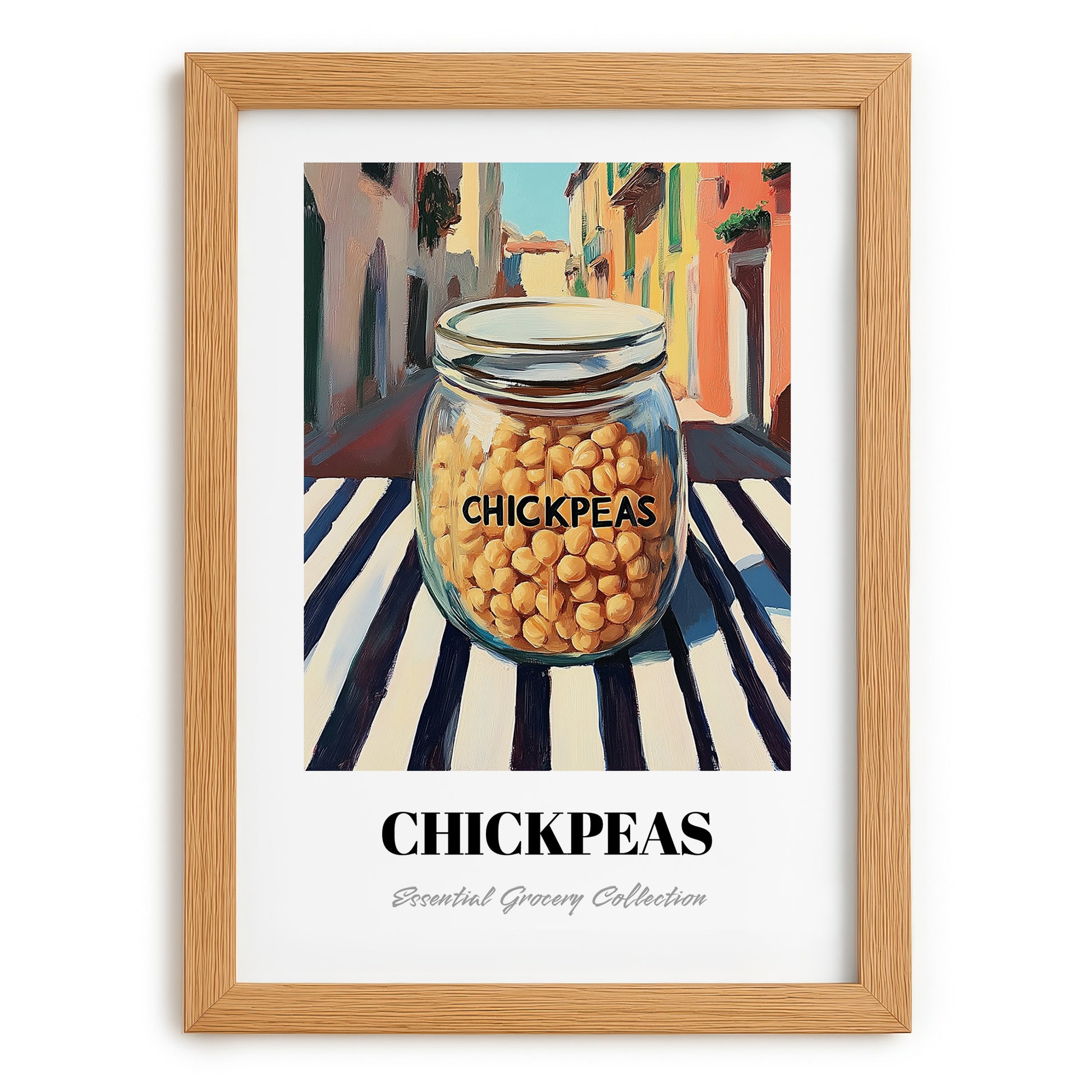 Chickpeas – Italian Outdoor Café Scene, Food Shelf Art, set in oak frame