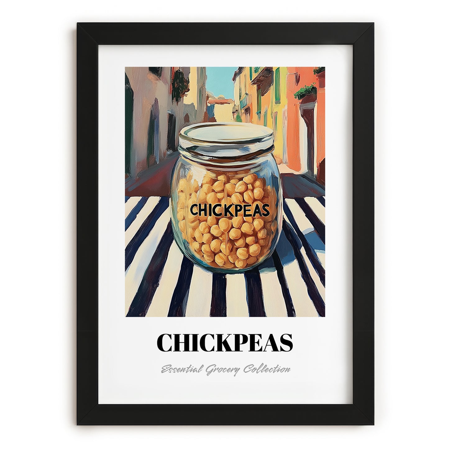 Chickpeas – Italian Outdoor Café Scene, Food Shelf Art, in sleek black frame