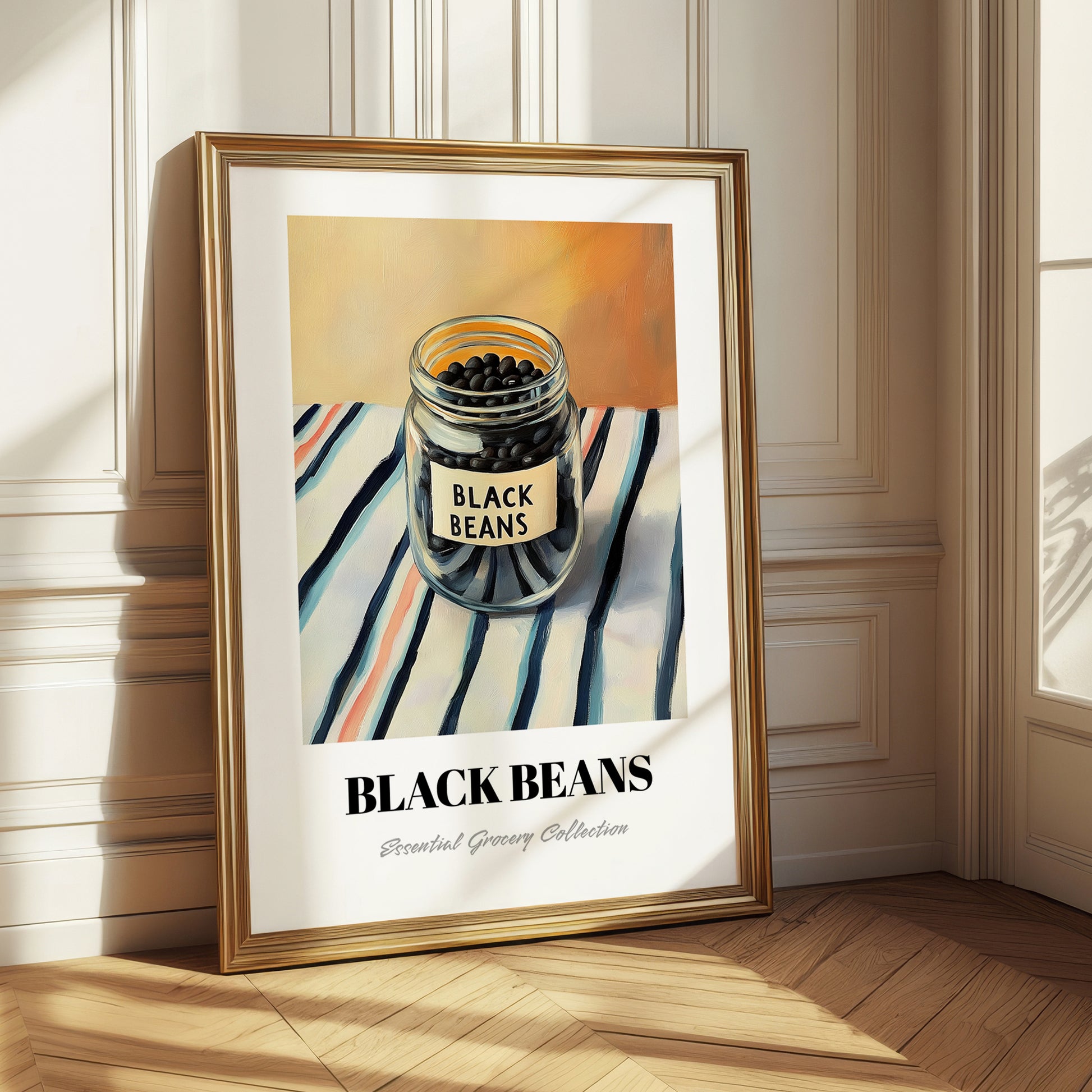 Black Beans – on Striped Tablecloth, Dry Goods Wall Art