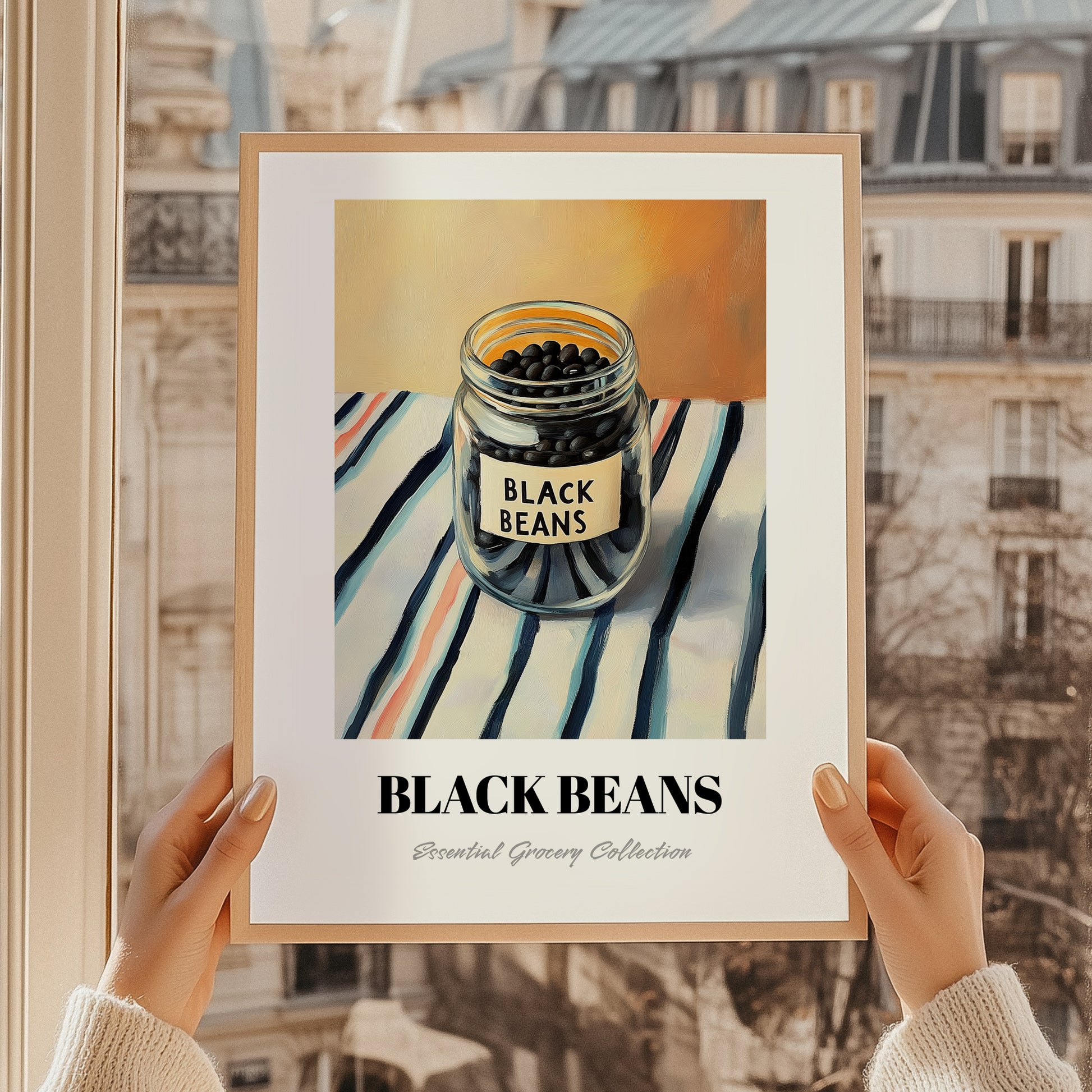 Black Beans – on Striped Tablecloth, Dry Goods Wall Art, styled in a charming Paris street view