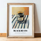 Black Beans – on Striped Tablecloth, Dry Goods Wall Art, in wooden frame leaning on the floor